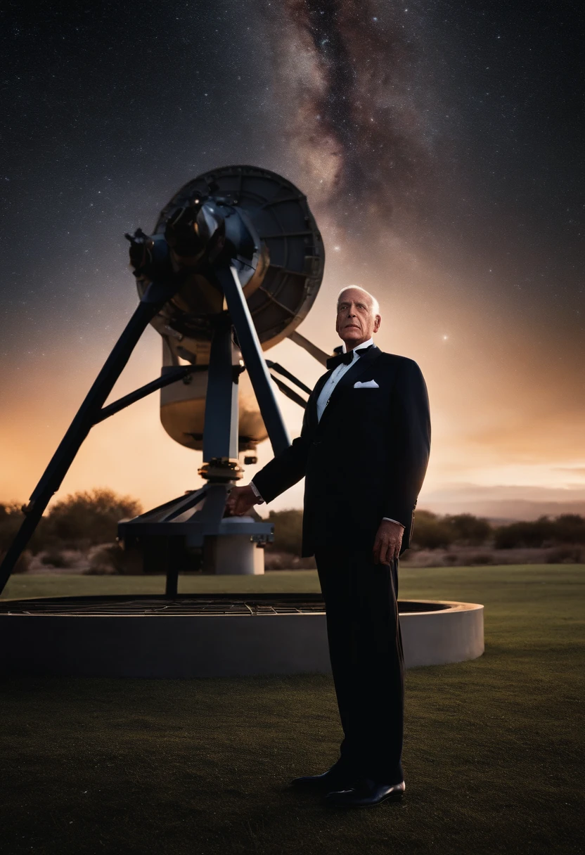 An image of Alfred standing in front of a large telescope, observing the stars and galaxies in the night sky.,Batman,Alfred is 60 years old man, very fit, trimmed hair, wearing suit and bow tie and dress shoes. He’s always shaved with salt pepper hair