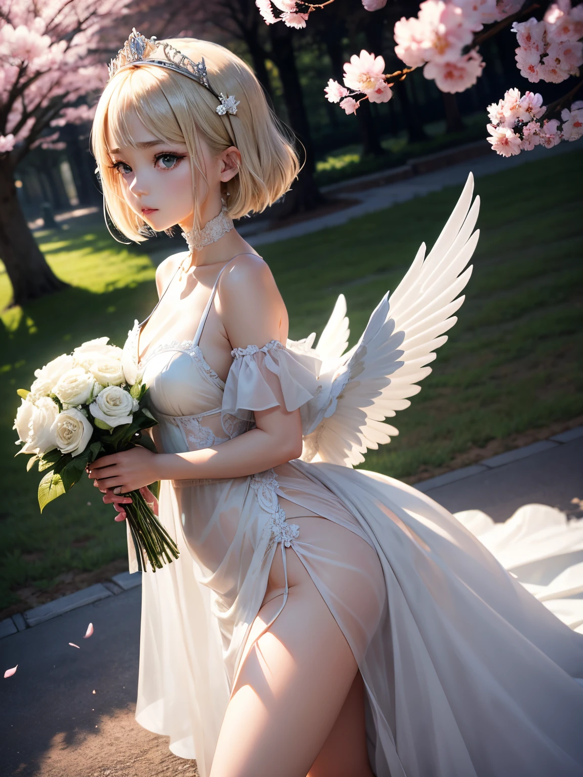 Wide wide green plateau、Under a large cherry tree、Cherry blossoms blooming profusely、Pink cherry blossom petals flutter in the sky、8K、realphoto、超A high resolution, Master Parts, Best Quality, nffsw , cinematic images,Lovely girl、ann、18year old、Anglo-Saxon、二重まぶた、drooing eyes、Very, very big eyes、eye shadow、 ighly detailed , a blond、straight short hair、 Sweet look 、A little embarrassing、thin lipss ,Beautiful Nose、The tip of the nose is small、a very beautiful woman、long hands and legs、bare-legged、 Very clear shadows , jewely , A sexy , A detailed eye, very intricate, shiny skins , Perfect Brilliant, Perfect Lighting, Dramatic shadows ,White tiara on head、Greek see-through white dress、Big white angel wings from the back、White bouquet held in both hands