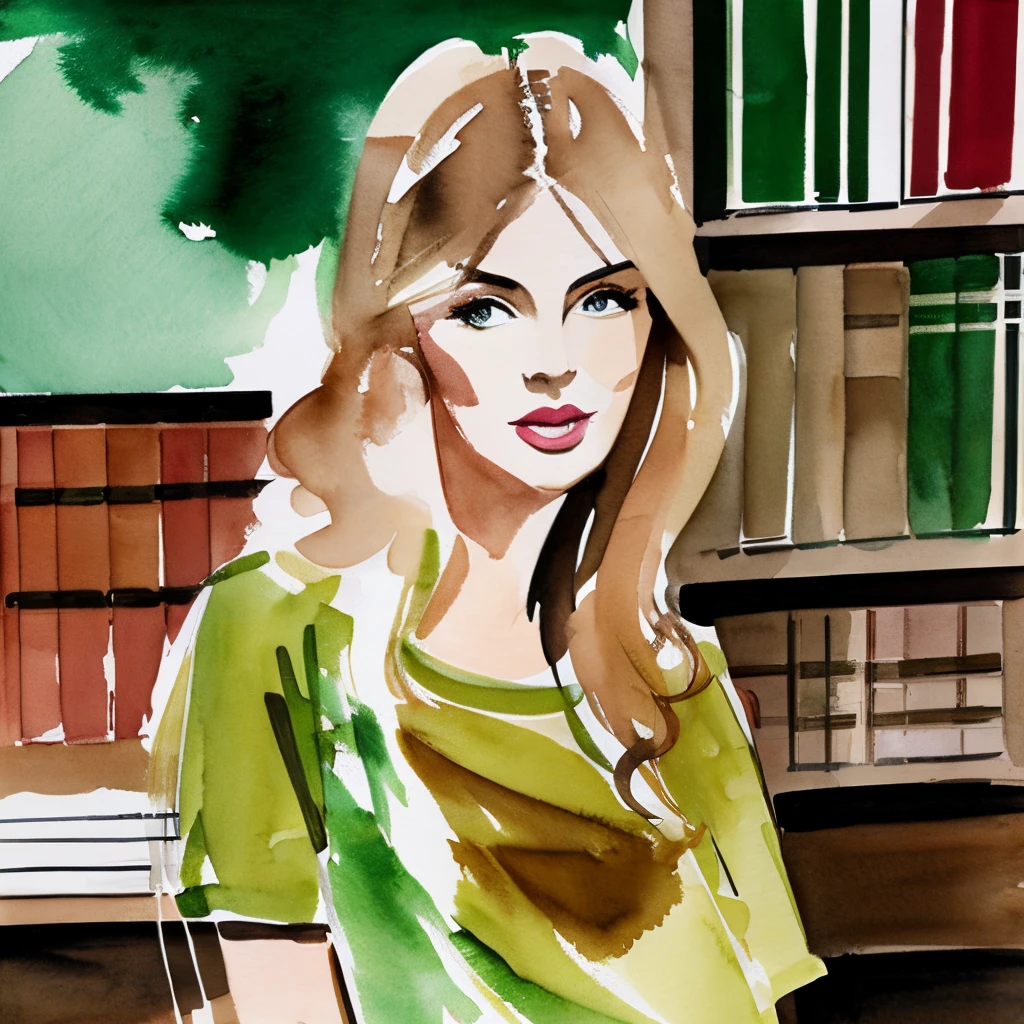 Blonde woman, brown t-shirt, green, library, David Downton watercolor fashion illustration