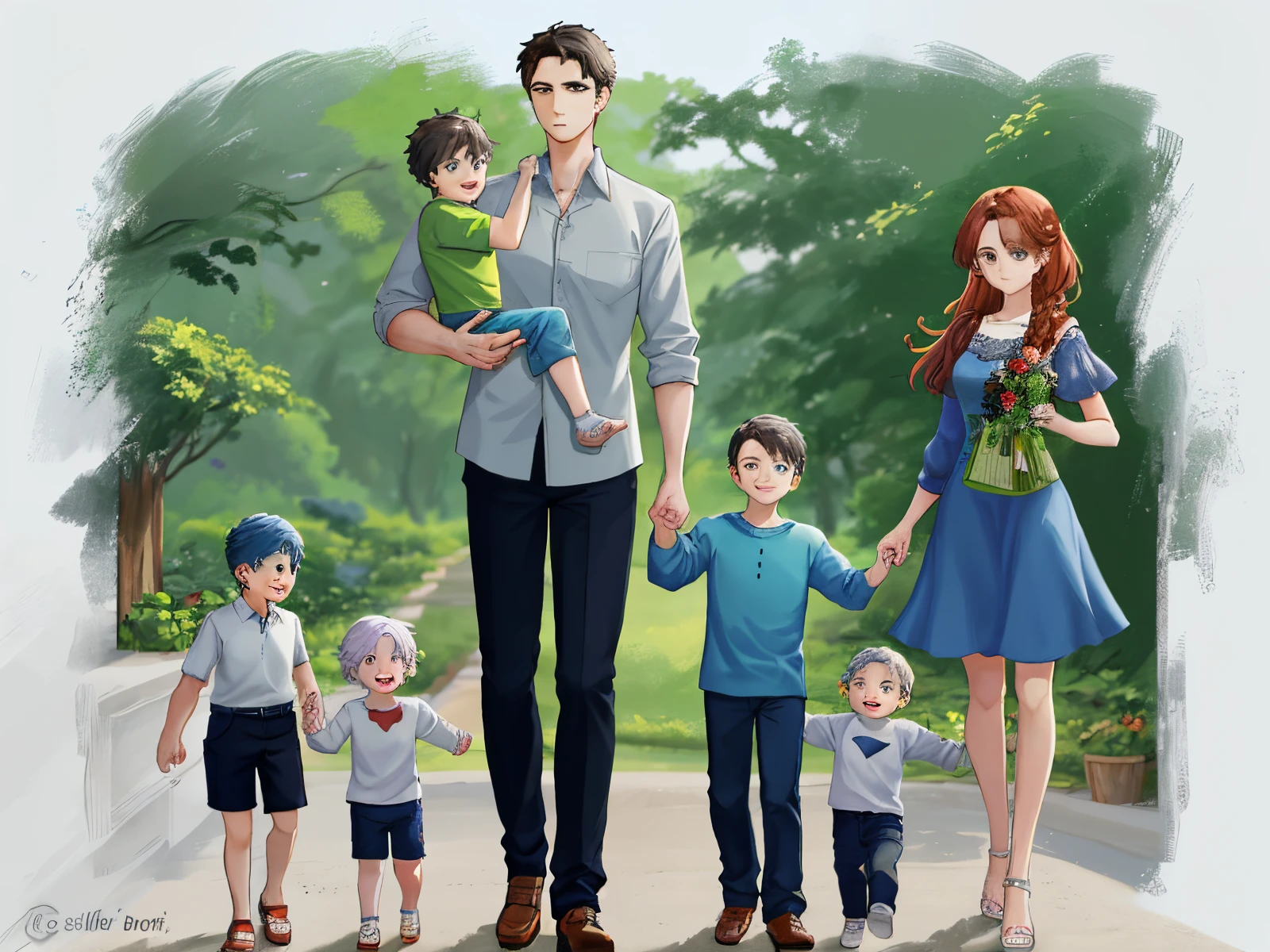mostre uma familia com 4 filhos em forma de IA, 2 twin boys, 1 menino e uma menina. O pai tem que ter 1.90 tall and mother 1,60 de altura! The boy is the oldest, Next comes the girl and lastly the 2 baby twin boys