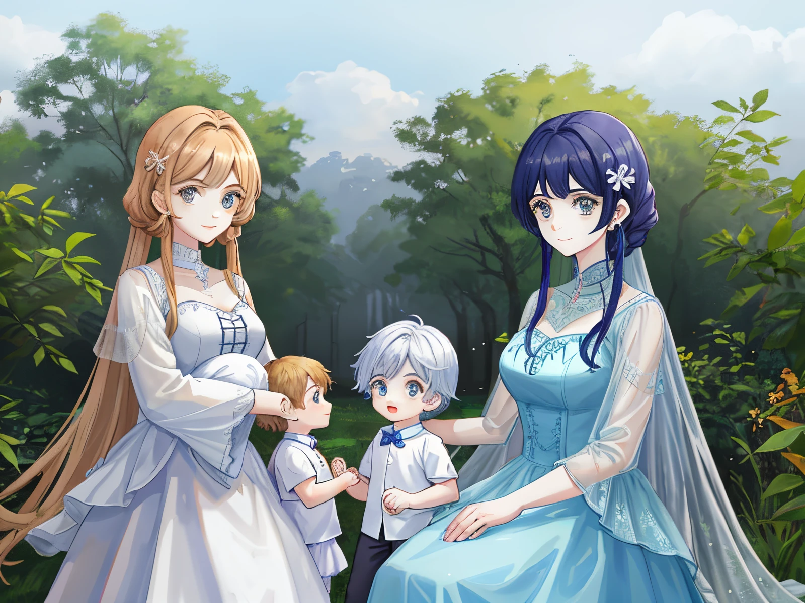 mostre uma familia com 4 filhos em forma de IA, 2 twin boys, 1 menino e uma menina. O pai tem que ter 1.90 tall and mother 1,60 de altura! The boy is the oldest, Next comes the girl and lastly the 2 baby twin boys
