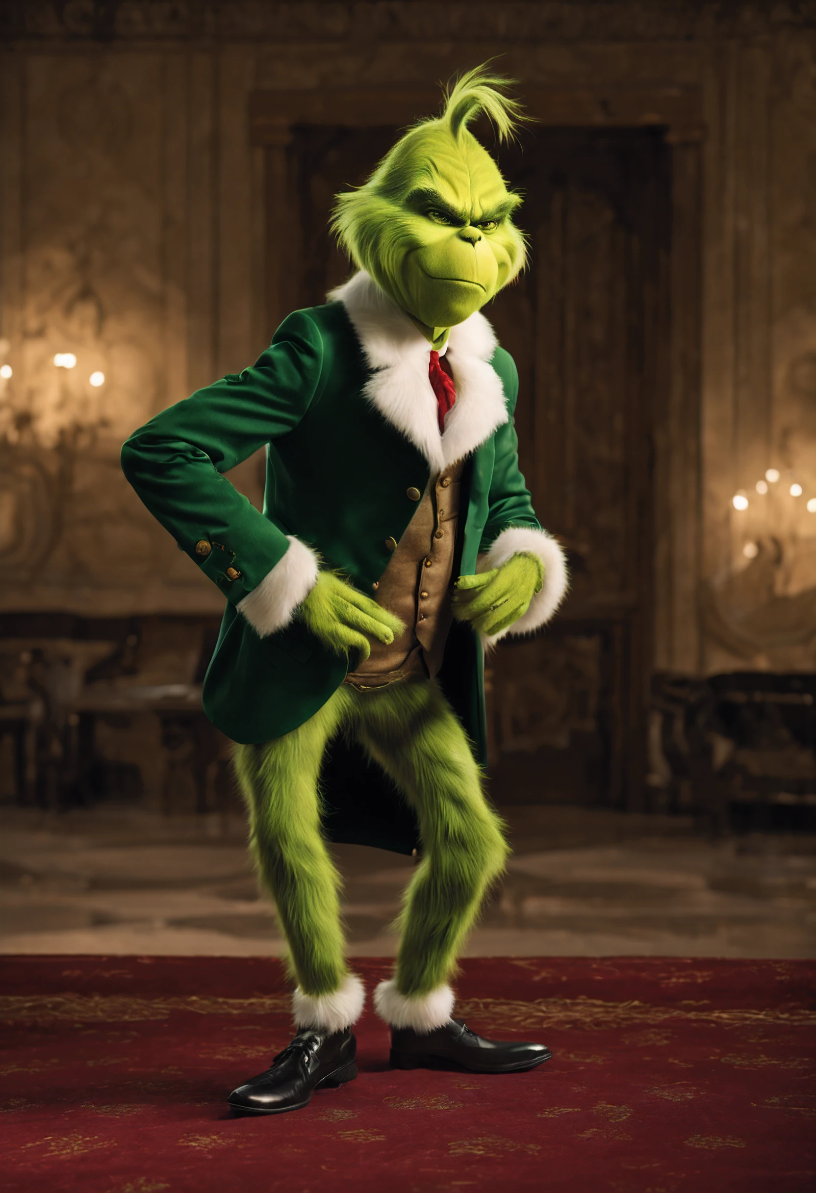 The Grinch takes on a rebellious and edgy persona as an emo rock star. Dressed in dark, punk-inspired attire, he sports torn jeans, studded accessories, and a leather jacket adorned with band patches. His signature green fur contrasts with streaks of vibrant, dyed colors. The Grinch brandishes an electric guitar, and his expression exudes an attitude of nonconformity. The stage is set with moody lighting, amplifiers, and a backdrop of urban graffiti, creating a rebellious and rock-and-roll atmosphere.