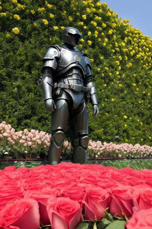 Armored man in a barrier of roses with a broken heart