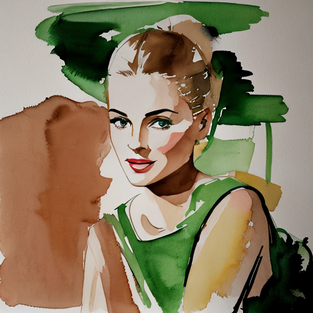 Blonde woman, brown t-shirt, green, library, David Downton watercolor fashion illustration