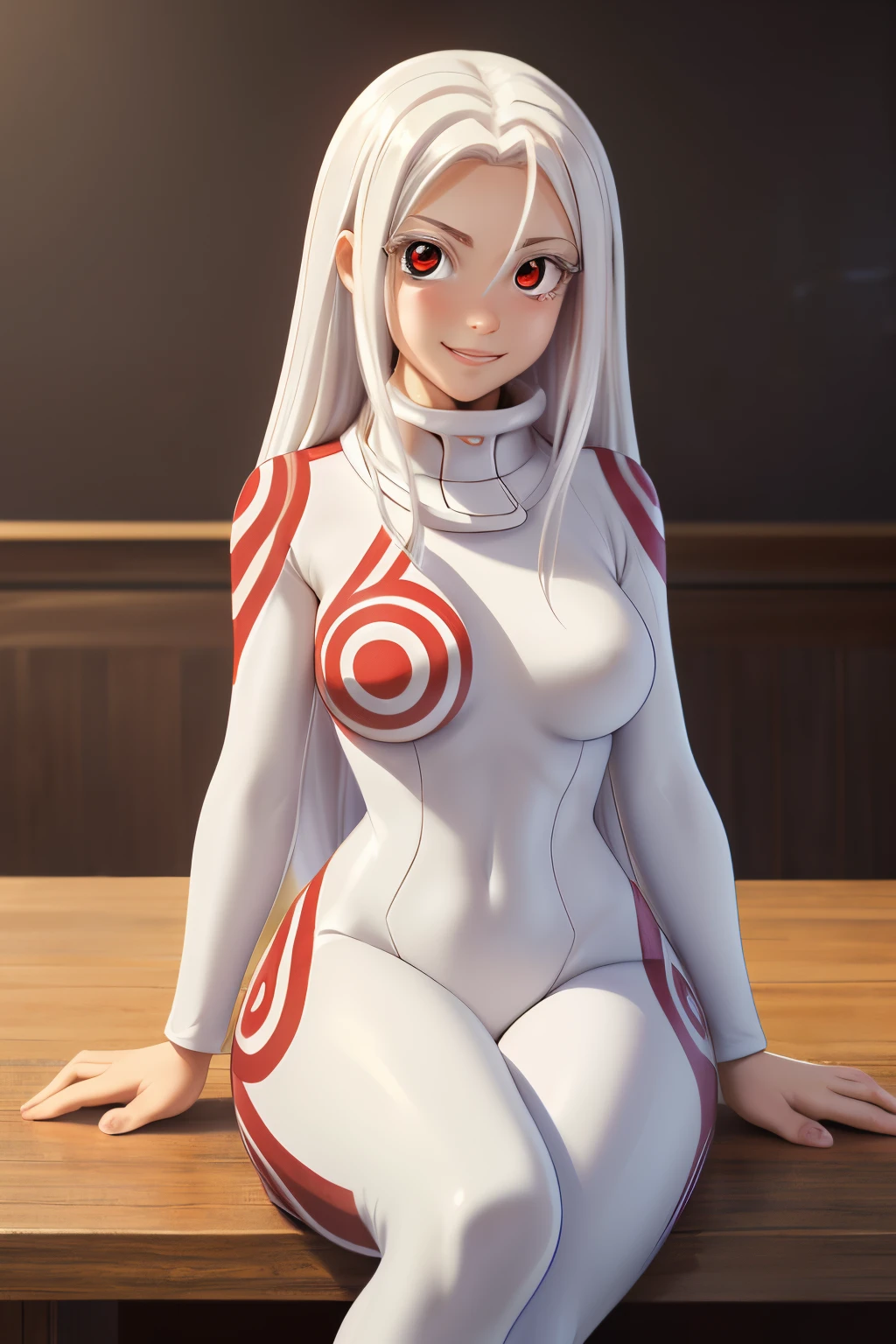 ((ultra quality)), ((tmasterpiece)), albino girl Shiro, Shiro from the anime Deadman Wonderland, ((White long hair)), Beautiful cute face, beautiful female lips, charming beauty, ((Cheerful expression on his face)), is looking at the camera, ((Skin color: white)), Body glare, ((detailed beautiful female eyes)), ((red-eyes)), beautiful female hands, ((perfect female figure)), ideal female body shapes, Beautiful waist, nice feet, big thighs, Beautiful butt, ((Subtle and beautiful)), seductive stand at the table with sweets, ((wearing Shiro&#39;s costume, white Shiro suit)), background: bar with white walls, ((Depth of field)), ((high quality clear image)), ((crisp details)), ((higly detailed)), Realistic, Professional Photo Session, ((Clear Focus)), ((cartoon)), the anime, NSFW