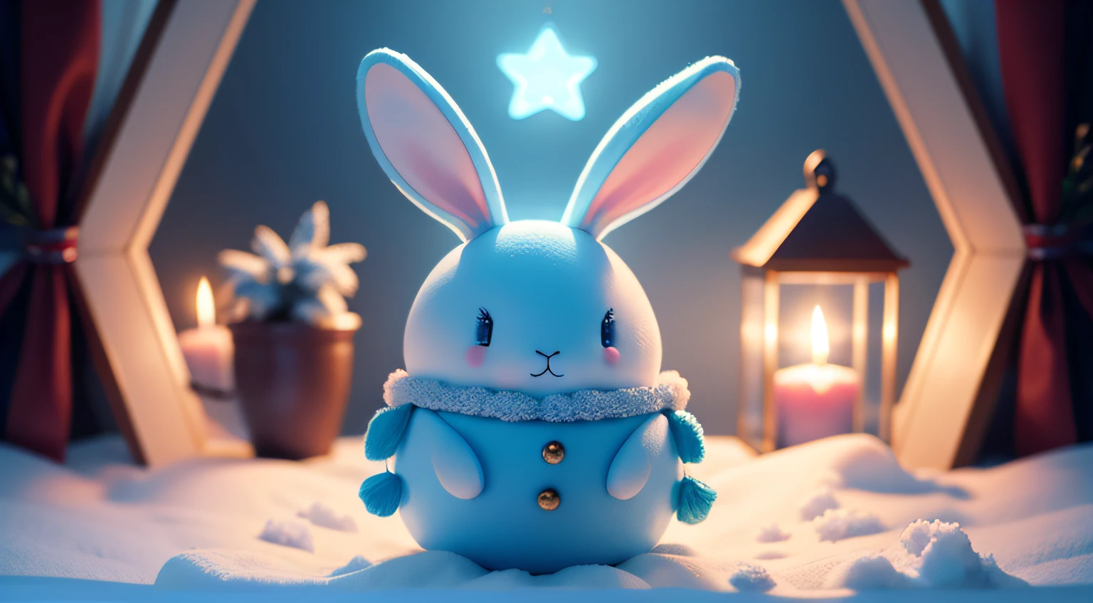 cozy christmas lofi ambience, christmas blue bunny, colorful image