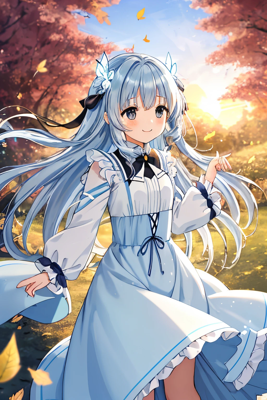 Master Pieces　Pretty girl　Light blue long hair　Twin-tailed　Blue and white long dress　adorable smiling　Black eyes　Photo of partially fallen leaves fluttering　Illuminated by the setting sun、Dress and hair fluttering in the wind　Face Highlights