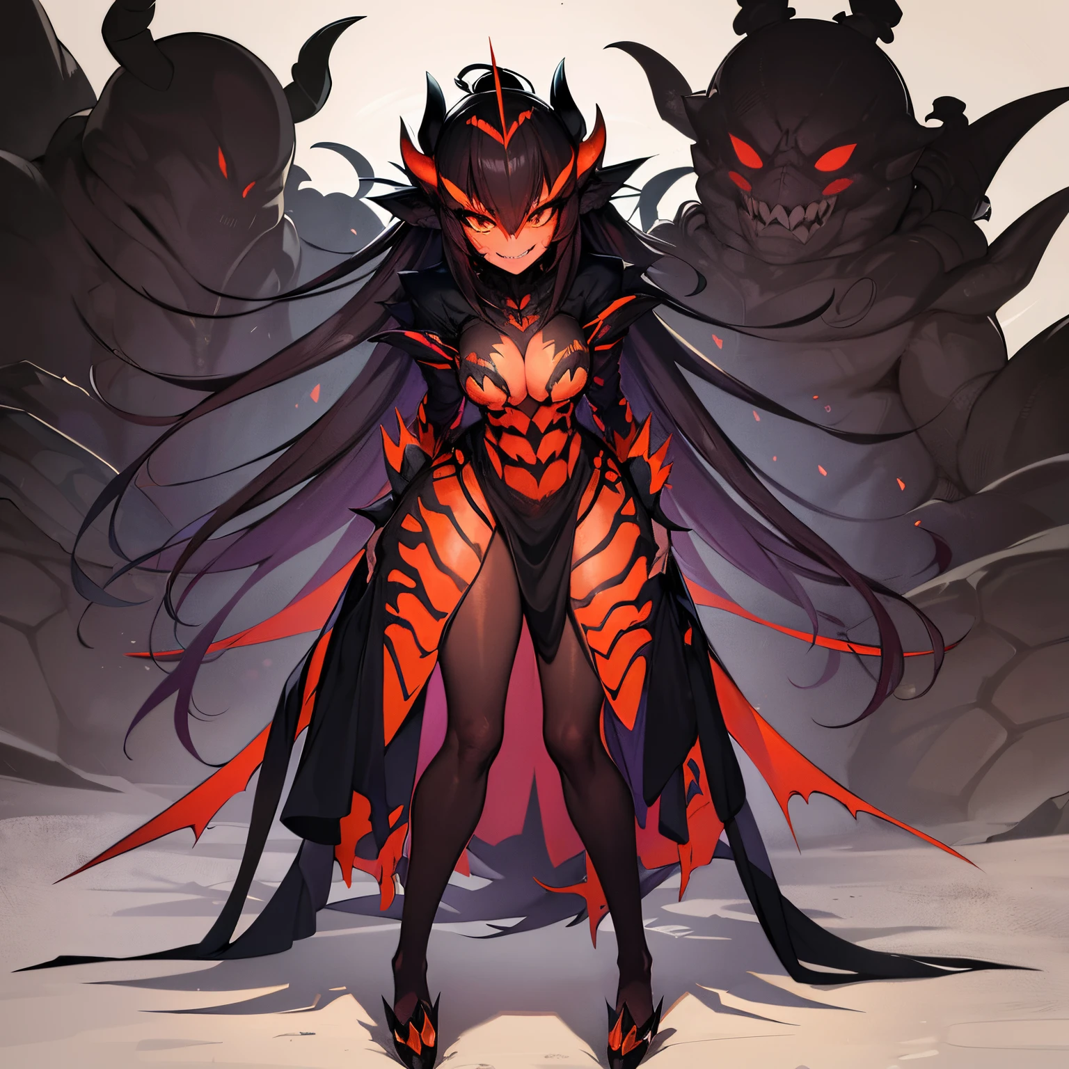 ((Masterpiece, Highest quality)), Detailed face, CharacterDesignSheetfull body, perfectly proportions, full of details, ((Multiple poses and expressions)), Highly detailed, A beautiful red-orange-dark-black-volcanic-stone lava fly girl, six arms, many eyes, (glowing pale yellow eyes), bright yellow eyes, dark and gloomy coal caves