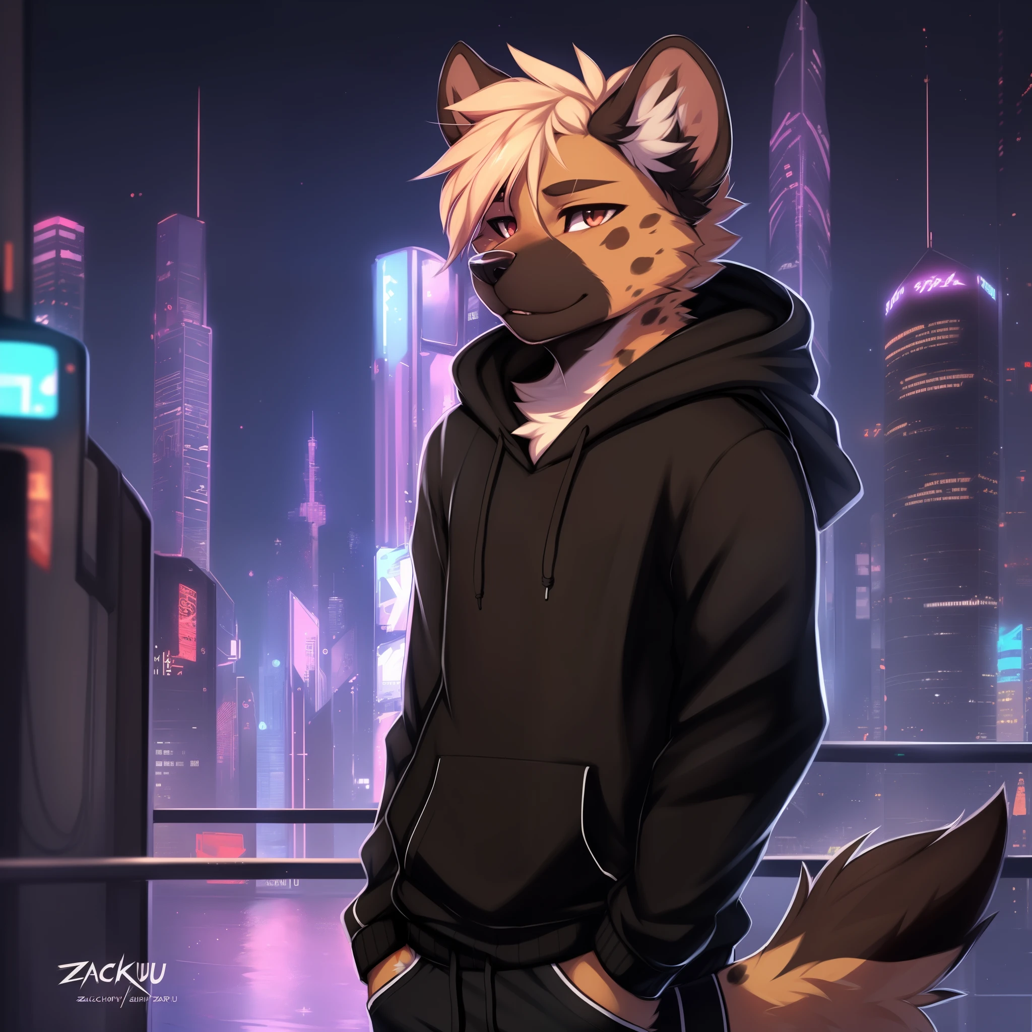 by zackary911, (coffeesoda:1.1), hioshiru, zackary911, spotted hyena , mammal, anthro, male, solo, clothing, fur, 2022, black clothing, hoodie, black topwear, lidded eyes, black hoodie, cyberpunk city background