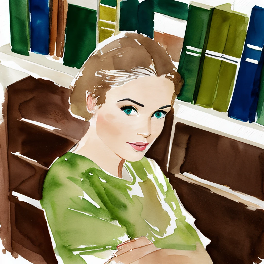 Blonde woman, brown t-shirt, green, library, David Downton watercolor fashion illustration