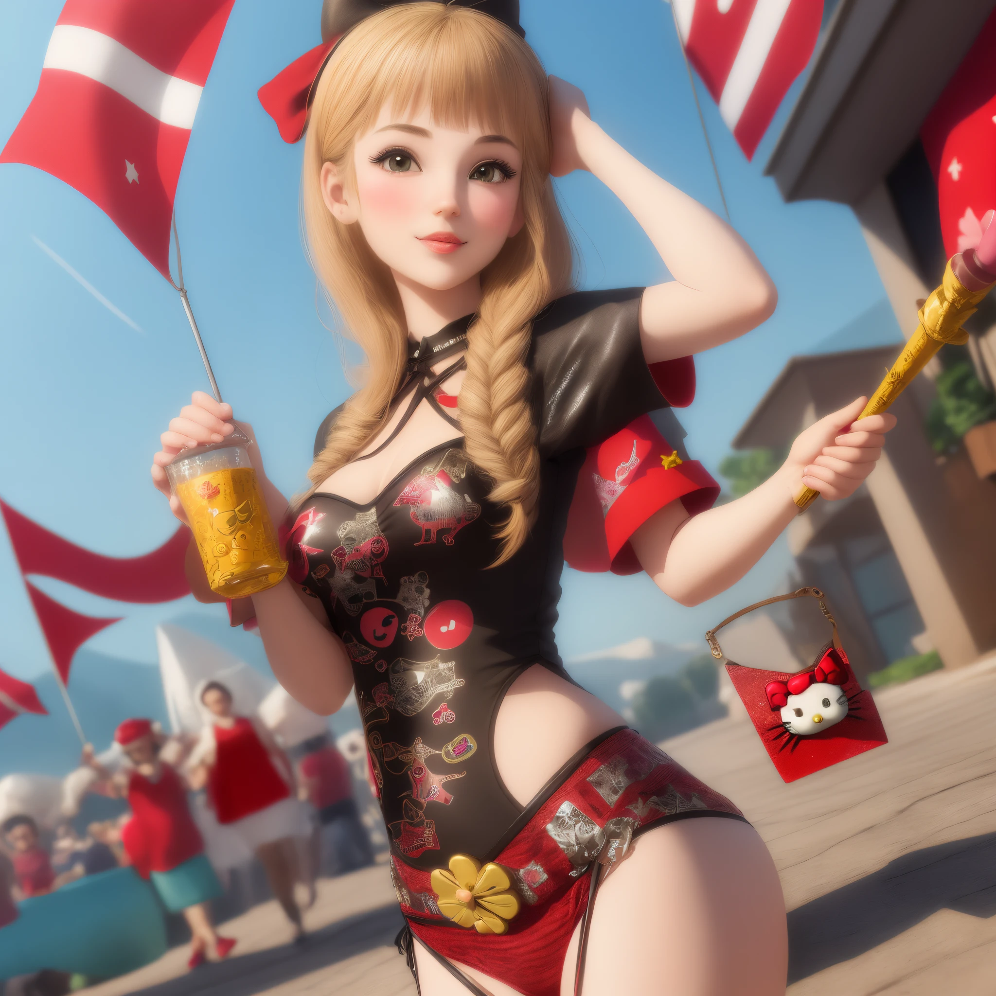 make me a picture of a glitter hello kitty 3D with Albanian inspired clothing and the Albanian flag