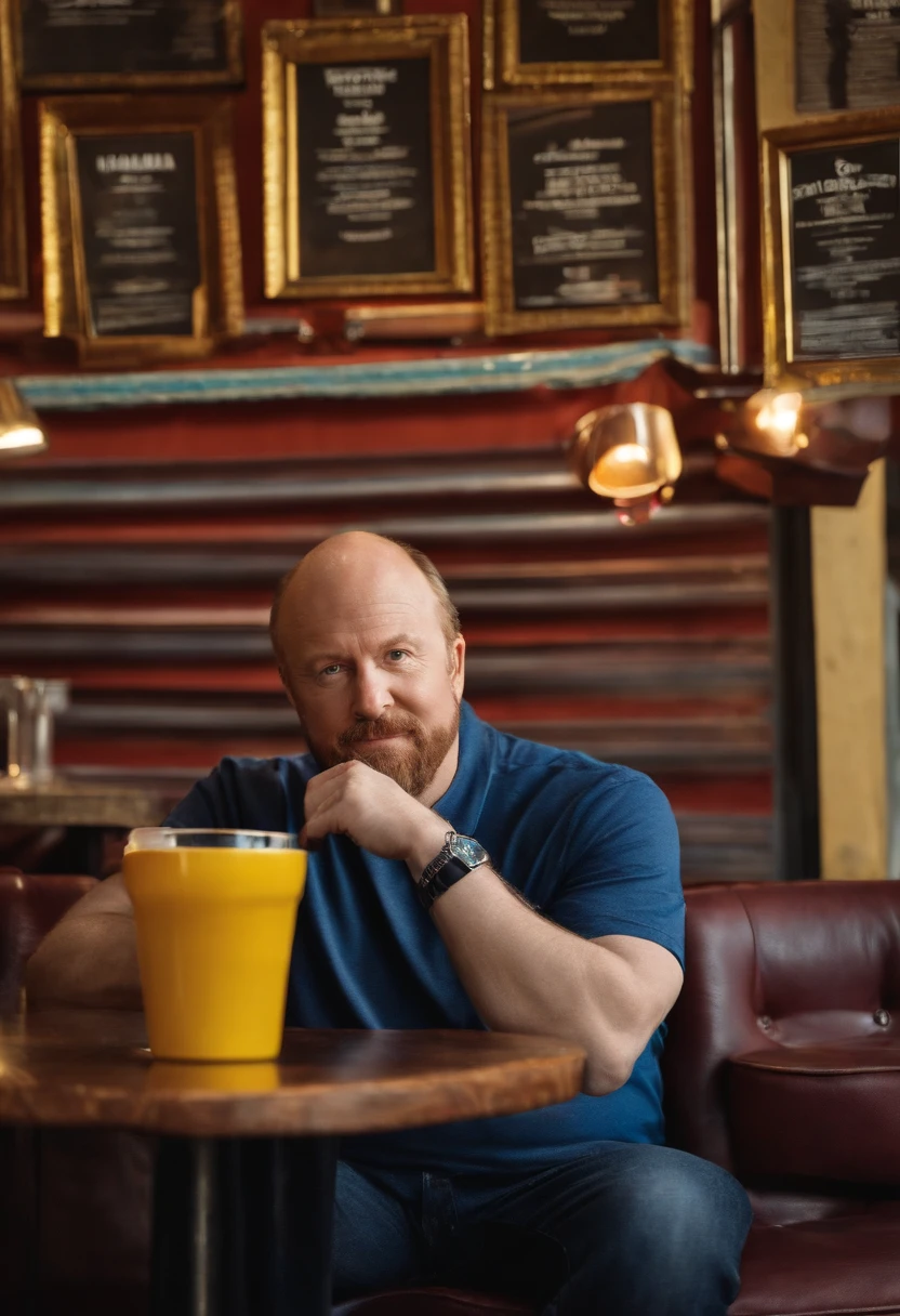 A photo of me sitting in a coffee shop, sipping on a unique drink and reading a book with a colorful cover.,stand-up comedy and television,Louis CK, a prominent figure in stand-up comedy and television, is known for his everyman appearance, often sporting a casual, unassuming look with plain black or navy t-shirts paired with jeans. He has a balding head, a fair complexion, and typically presents a somewhat disheveled, unpolished appearance, embodying the persona of an average middle-aged man.