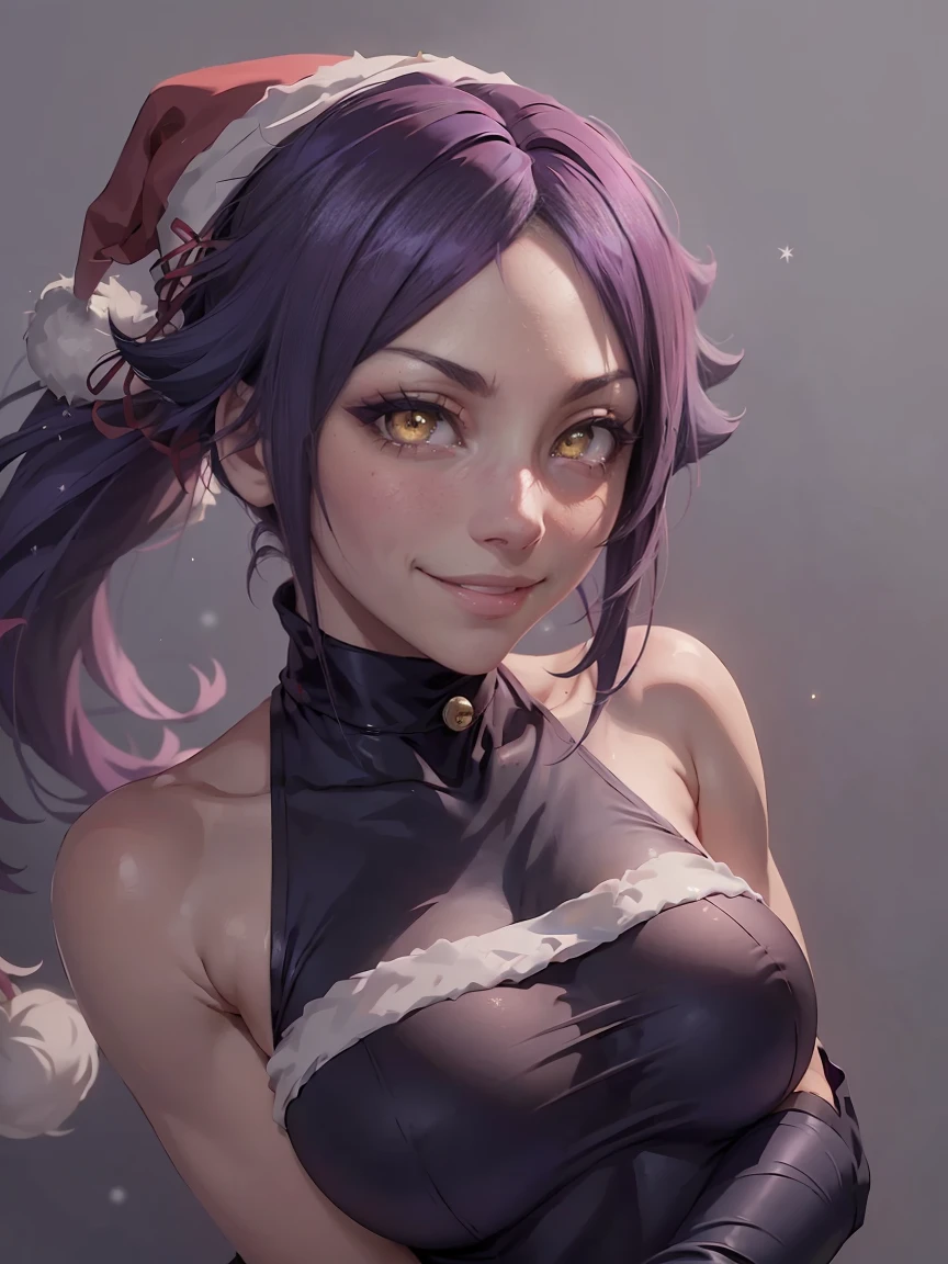 (master piece: 1.1), (shihouin yoruichi), detailed face, (detailed yellow eyes), black pupils, purple hair, ponytail, red dress christmas, shy, anime character, (christmas costume), christmas cloth, (smiling), (wearing santa hat), ((simple gray background))