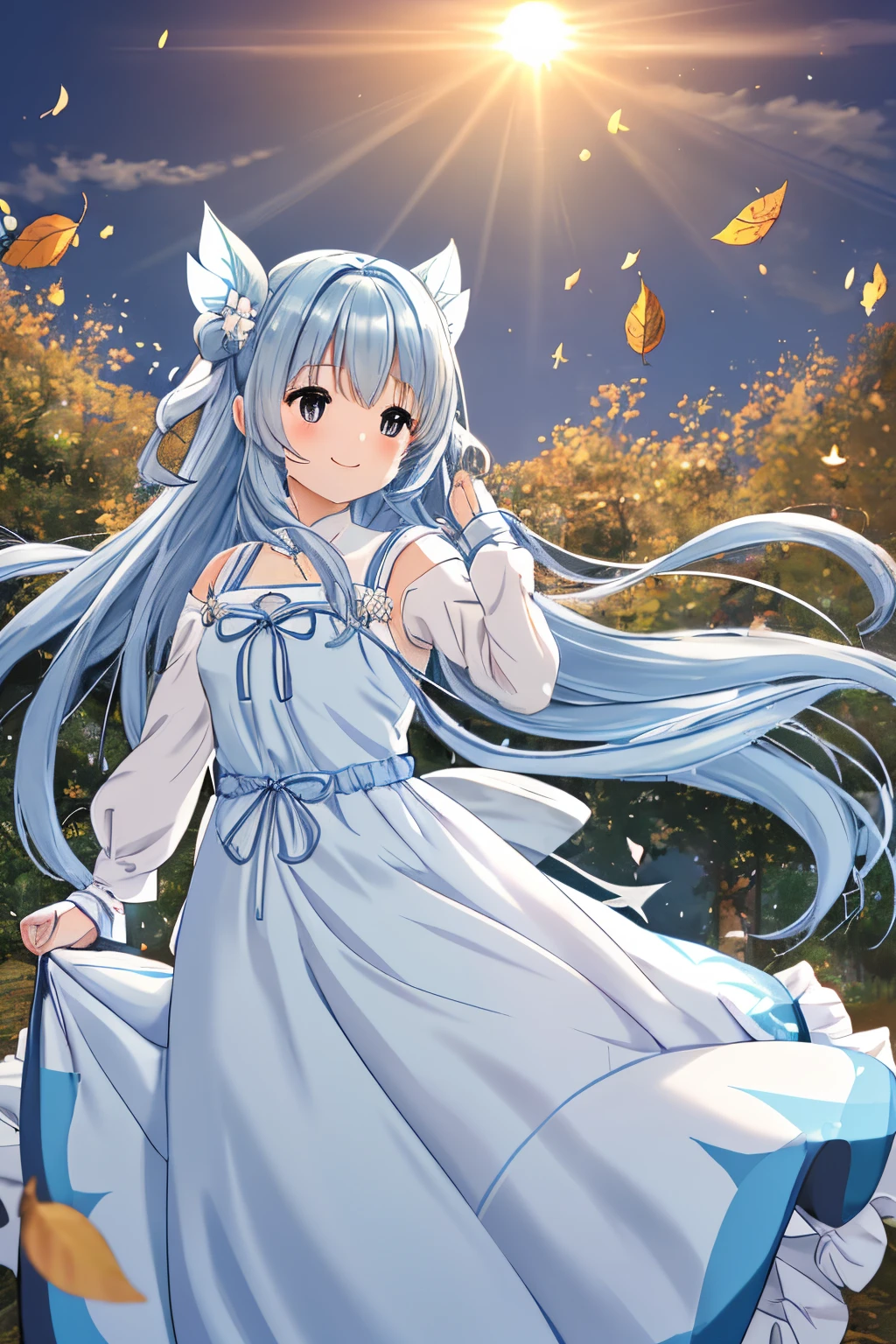 Master Pieces Pretty girl Light blue long hair Twin-tailed Blue and white long dress adorable smiling Black eyes Photo of partially fallen leaves fluttering Illuminated by the setting sun、Dress and hair fluttering in the wind Face Highlights