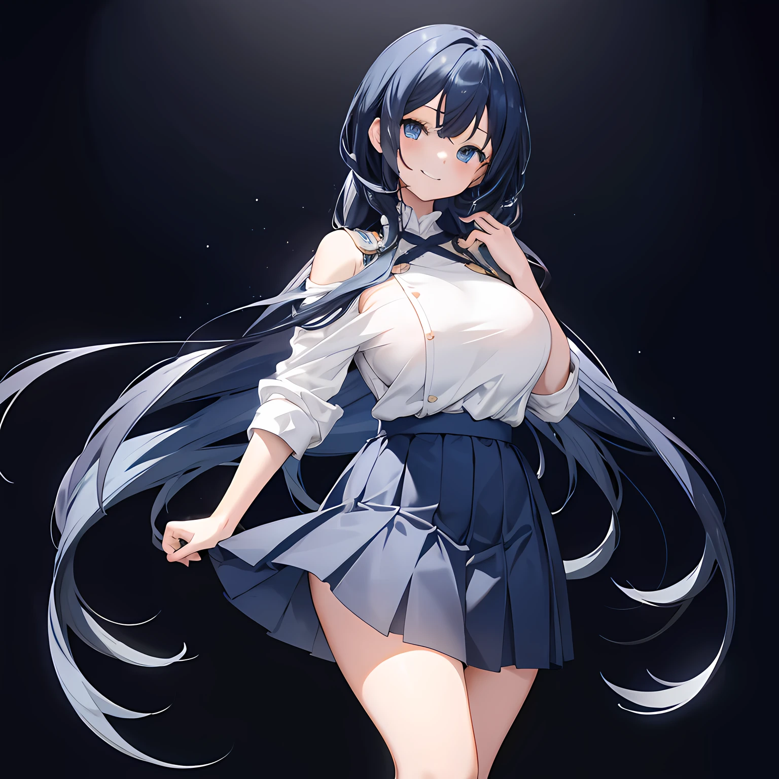Beautiful illustration、top-quality、Handsome girl，Hair between the eyes、Random actions，Random scenes，black color hair，choker necklace，gyuru，（White color blouse），（Translucent top），long whitr hair、(((Black pleated skirt)))、（does not wear panties），not wearing bra，Bare legged，ssmile，Be red in the face，legendary，white stockings，Puffy eyes，a navel，eBlue eyes、