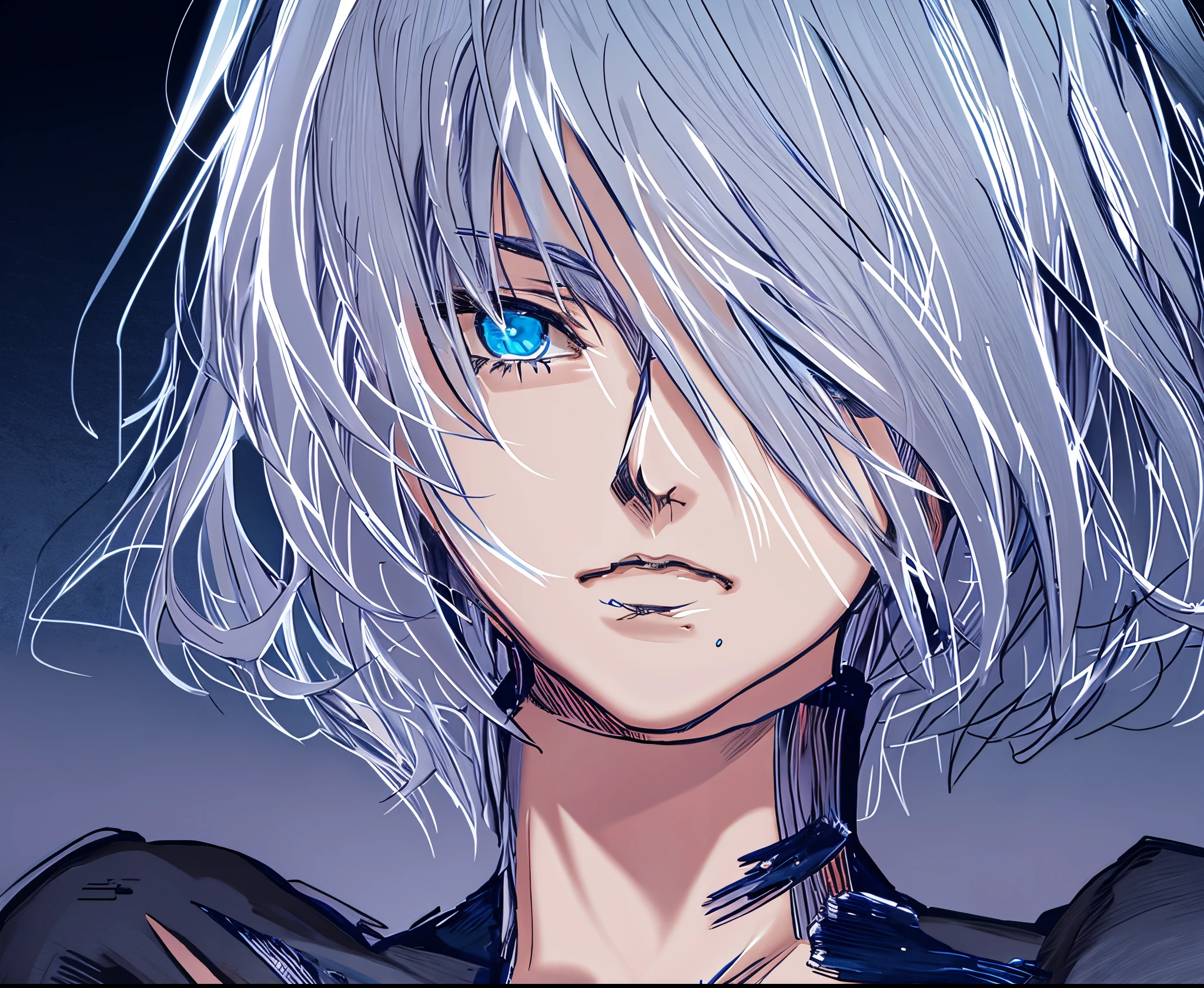 A girl with silver hair and blue eyes, beautiful 2d colouring,anime screenshot,2b from nier automa