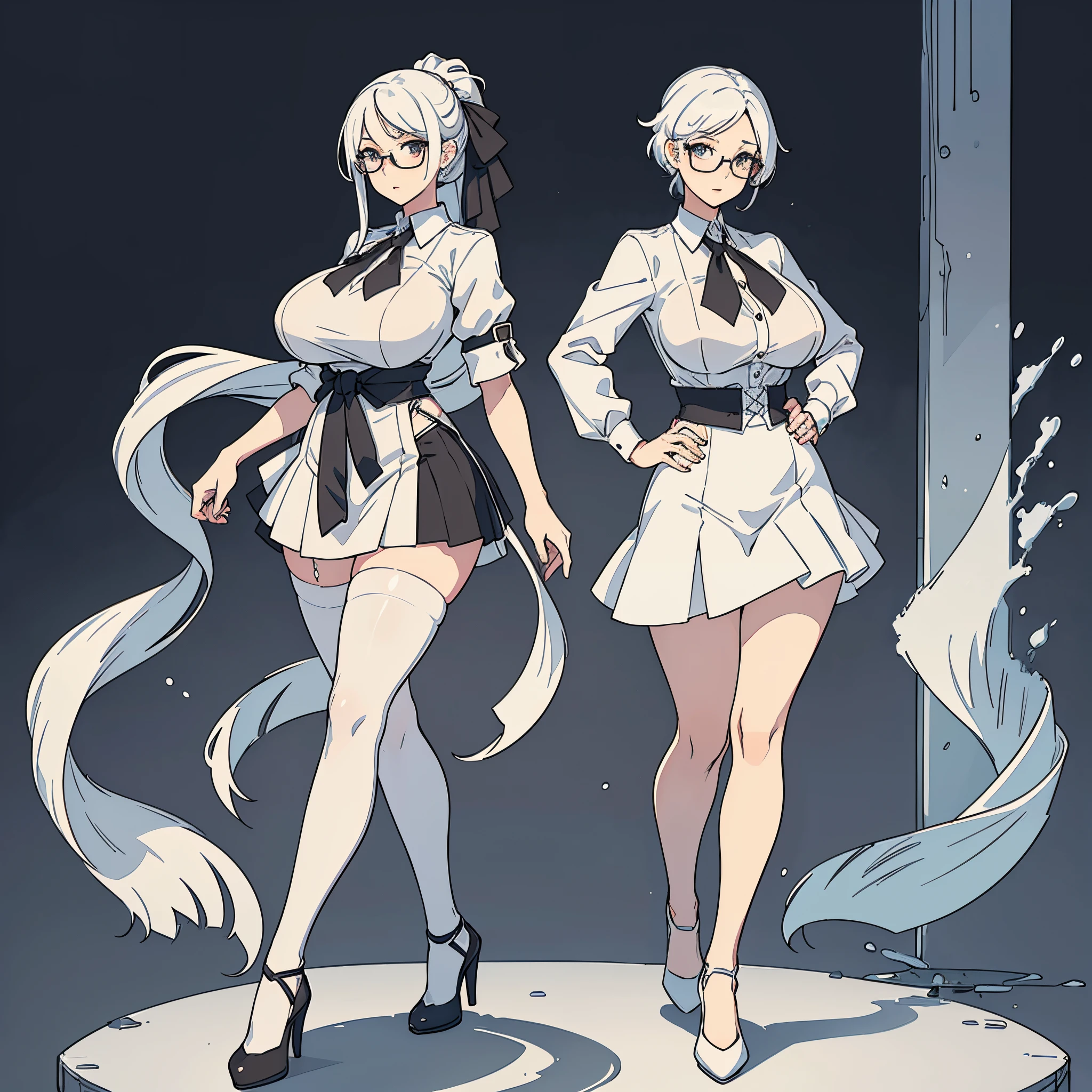 Perfect proportion, perfect body, masterpiece, high quality, high details, (white tied hair), (1woman), ((adult woman)),. White social shirt,short gray skirt. Full body, idle pose. With glasses. Huge boobies, no background. Visual novel. Sexy secretary.