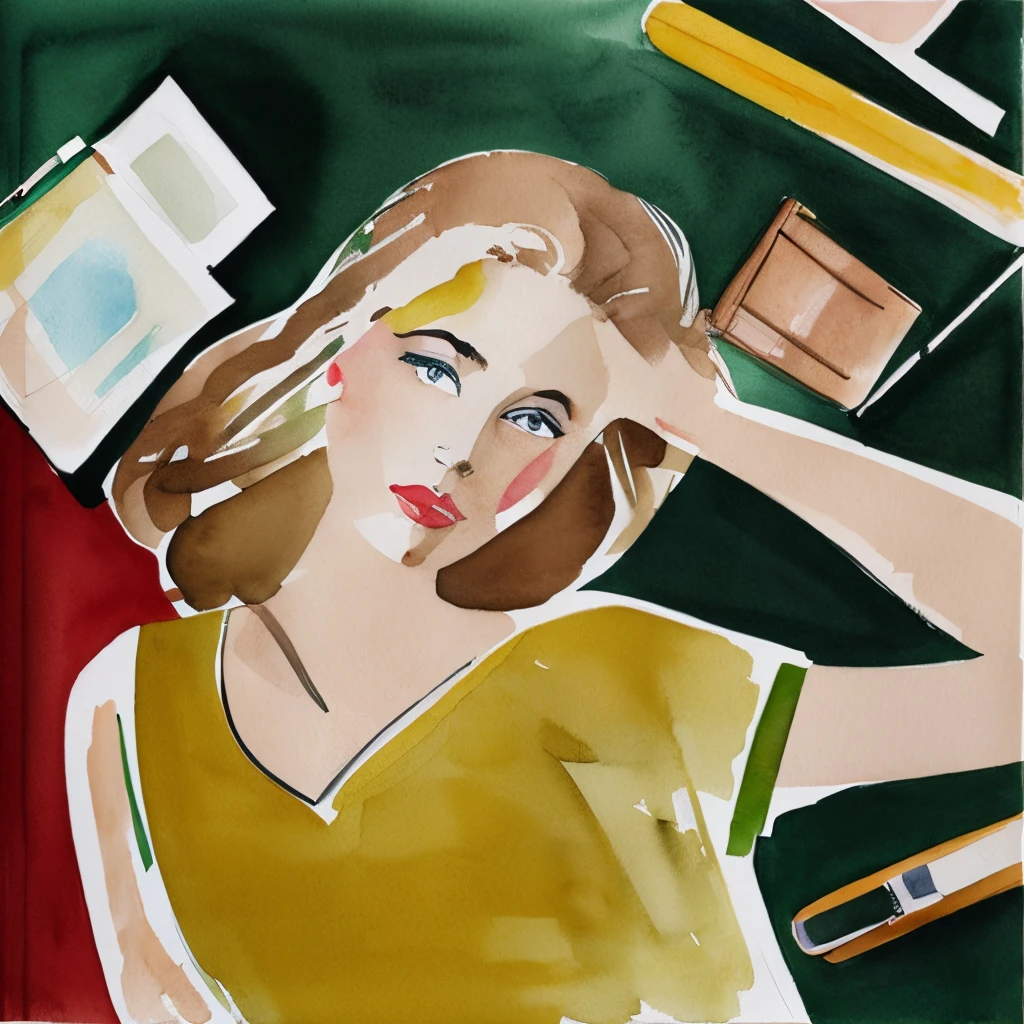 Blonde woman, brown t-shirt, green, library, David Downton watercolor fashion illustration, natural colors