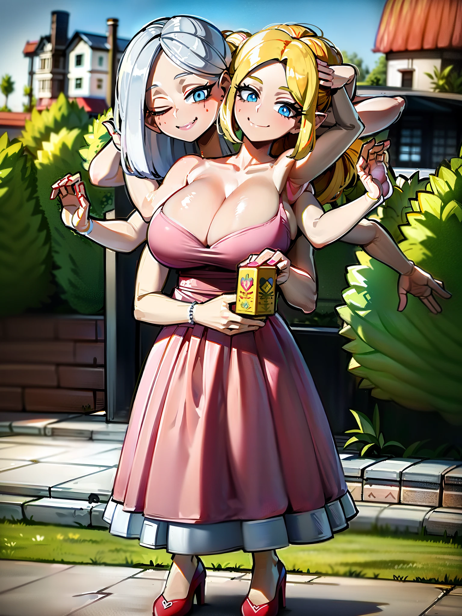 (masterpiece, best quality), best resolution, (2heads:1.7), (3heads:1.9), 1girl, barbie, blond hair, low ponytail, different hair styles, shoulder length hair, blue eyes, smiling, mouth open, different facial expressions, mouth closed, pink dress, holding a handbag, front yard of pink house, suburban, (gigantic breasts:1.7), (four arms:1.5), (tribreasts:1.3), (double cleavage:1.3)