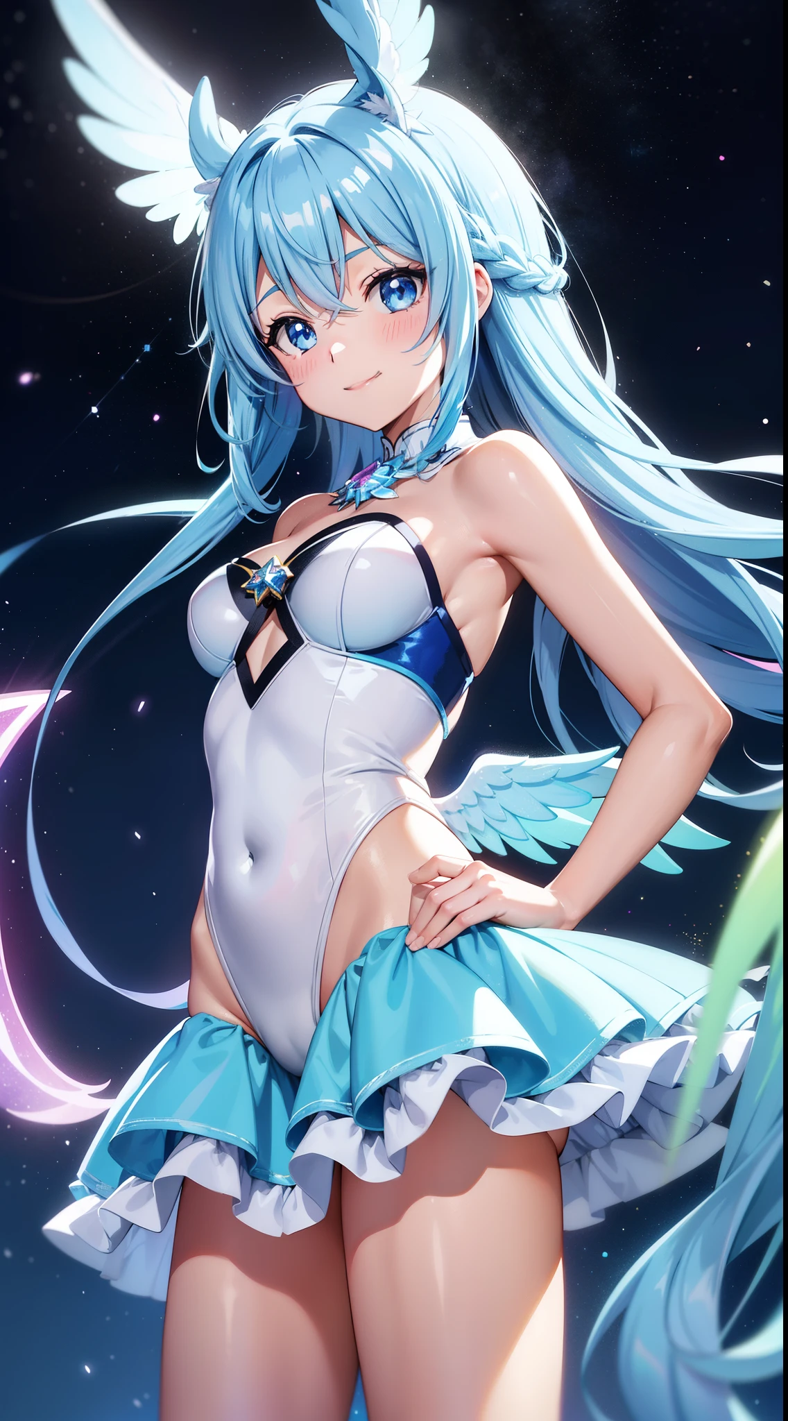 Super Idol　a beauty girl　adorable smiling　sky blue hair　length hair　Twin-tailed　Glittery bright pink and white and blue and yellow leotards　facing front　7 colors of angel great wings on the back　Mystical　Fantasia　constellation　a moon　Crystal Brilliance　Aurora Borealis in the Night Sky