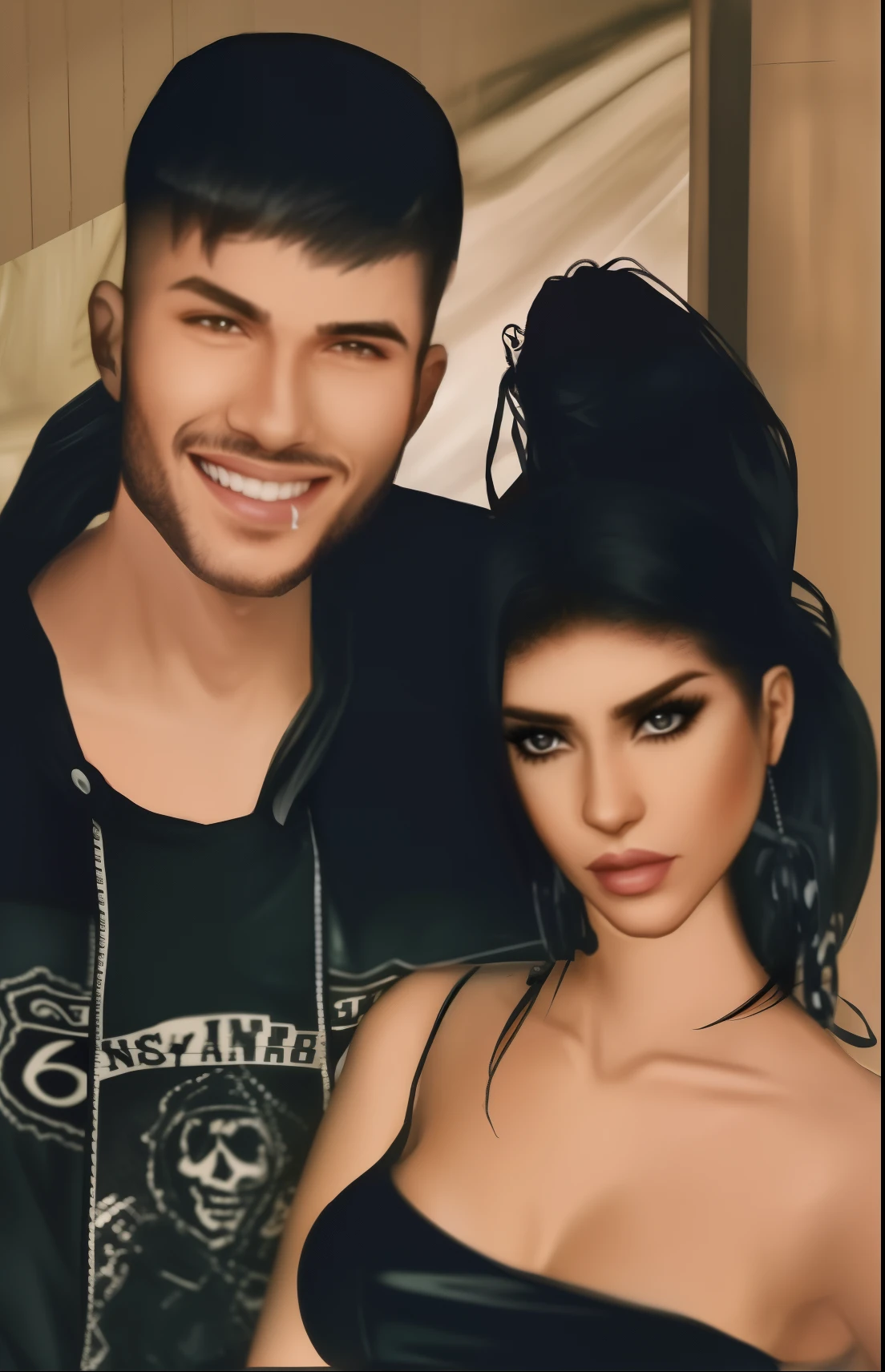 Couple hugging a person on the side in a black dress, IMVU, Avatar do Second Life, rostos detalhados e realistas, pose de casal, rosto bonito e rosto bonito, rostos realistas detalhados