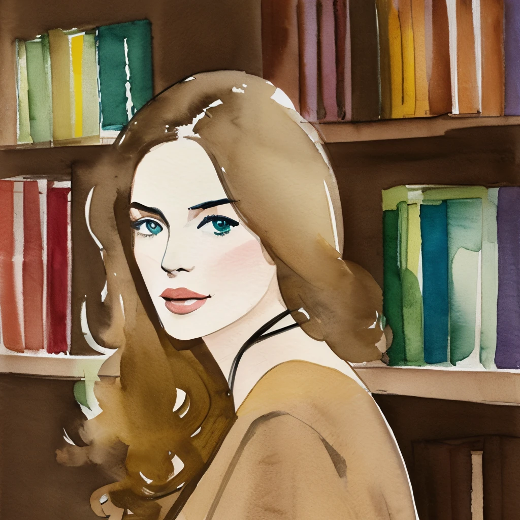 Blonde woman, brown t-shirt, green, library, David Downton watercolor fashion illustration, natural colors