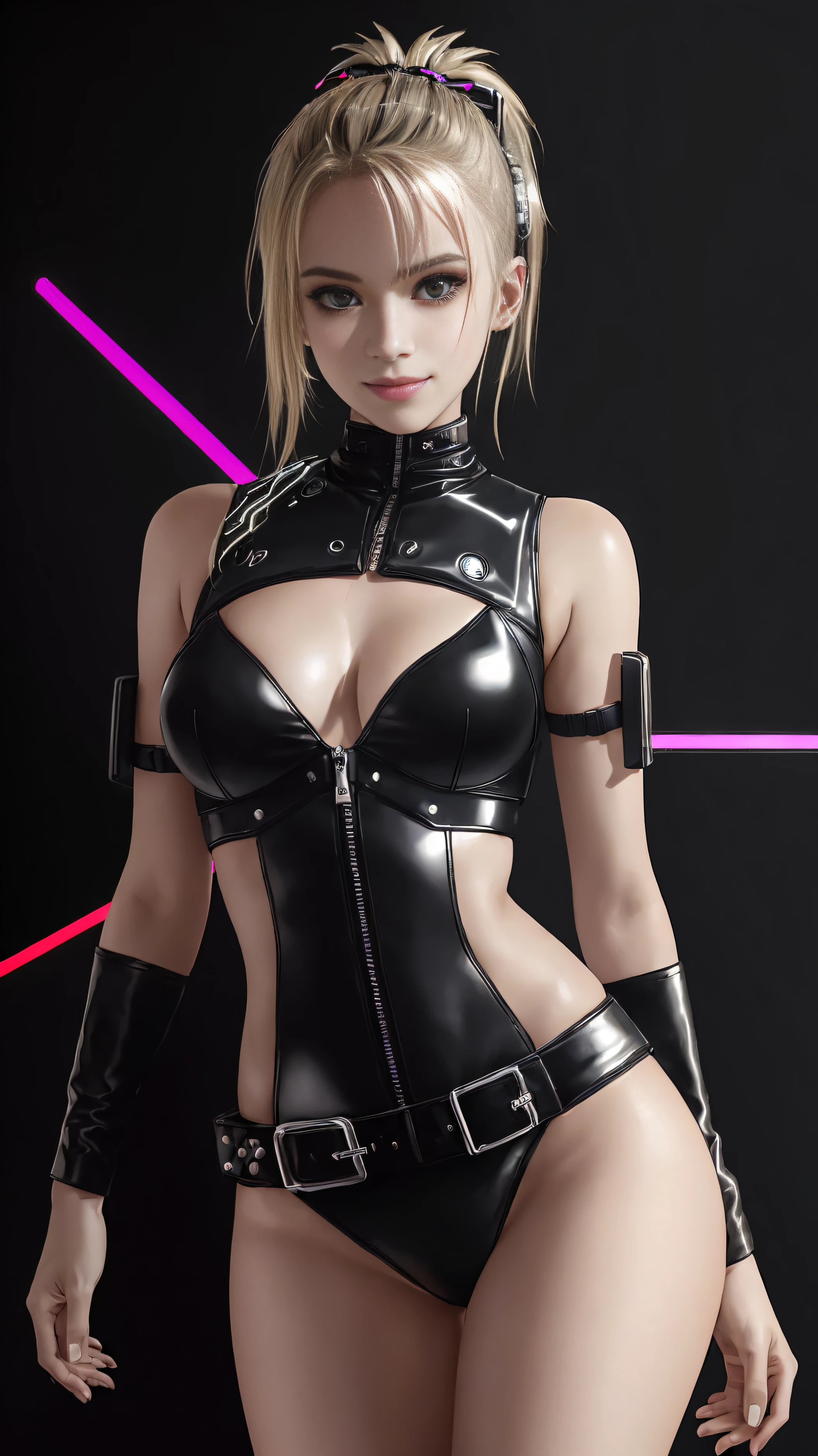 ta, smiling, 20 years old, ((best quality)), ((masterpiece)), (high definition:1.3), 3D, beautiful (cyberpunk:1.3), stylish woman looking at camera colourful leather outfit, sleeveless, stomach skin invisible, tiny black leather panties, silver zipper, belt below the waist, super fine illustration, showing forehead, deep cleavage, leather black bodysuit, sleeveless blacks, shiny, blonde ponytail, ((dark plain black background:1.4))