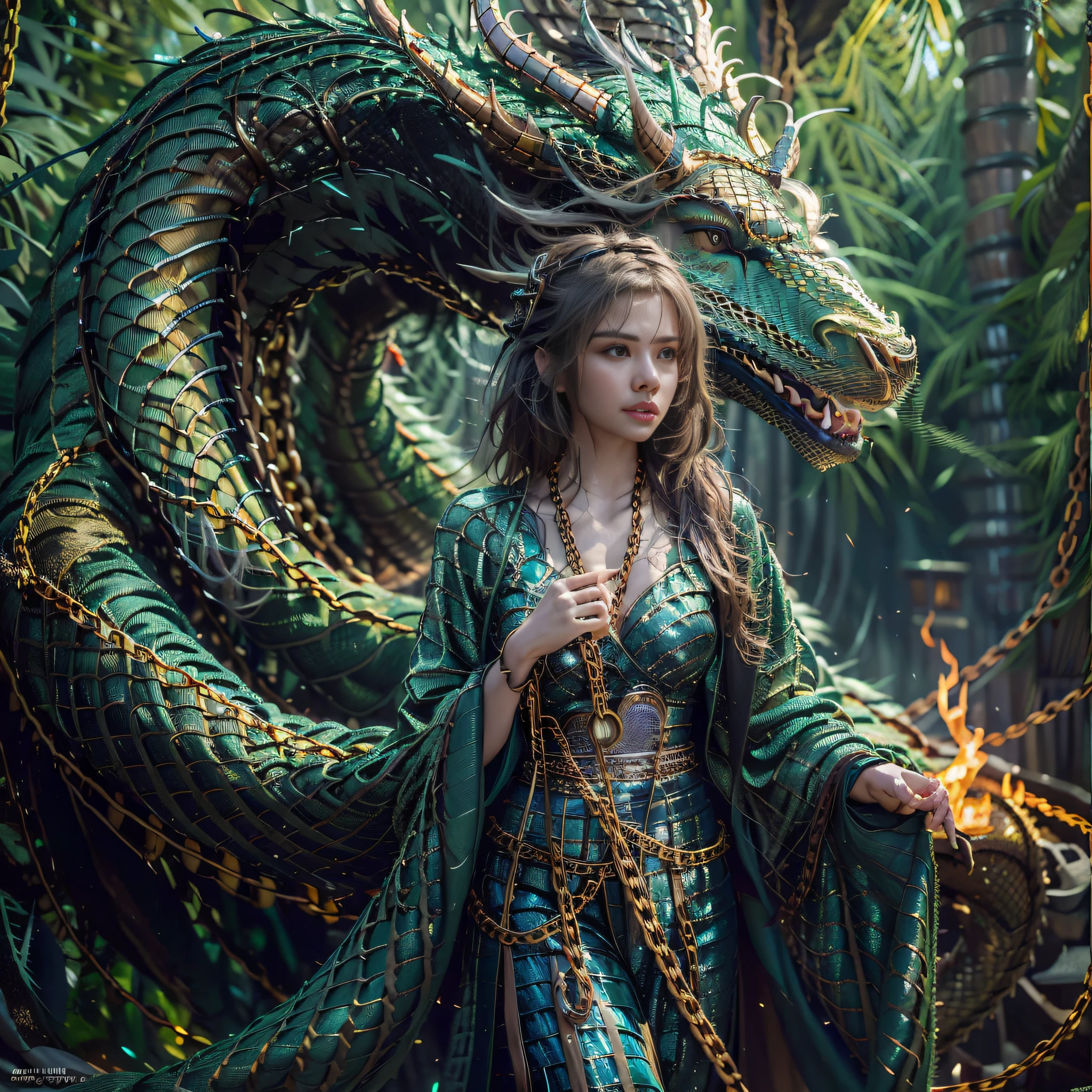 Beautiful girl with a green dragon, ((Girl in a long robe)), (Wearing chain mail: 1.4), (Long cloth pants: 1.2), (chain mail with dragon scale patterns), perfect facial features, Delicate face, long hair, graceful , wisdom, Bravery, Rainbow dragon, scales, horns, Flame, wings, Dragon claws, Dragon protects the girl, Ancient forest background, Mysterious connection, protection, Trust, realistic quality, realism, 8K, best quality, masterpiece, cinematic quality, High chiaroscuro, octane rendering