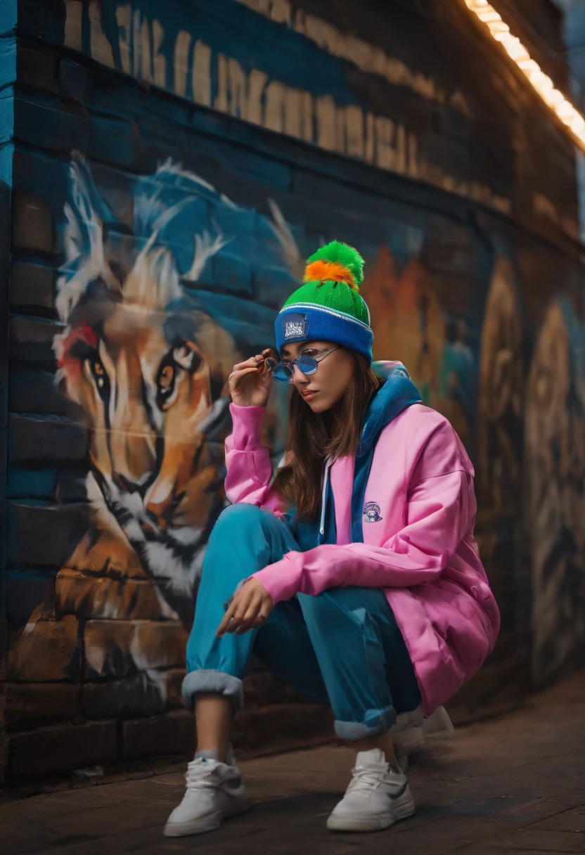 A photo of the character painting a mural on a city wall,original,Anime merch, beanie, glasses, long hair with neon streaks, no makeup
