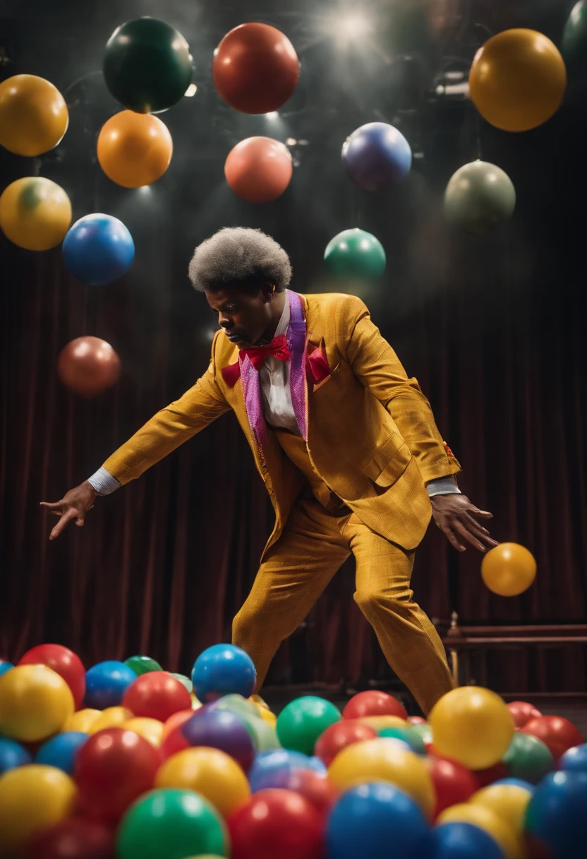 A photo of the character dressed in a colorful clown costume, juggling an array of colorful balls on the theater stage.,original,He is a black man with a large Afro. He likes to wear gray sweatpants and no shirt.