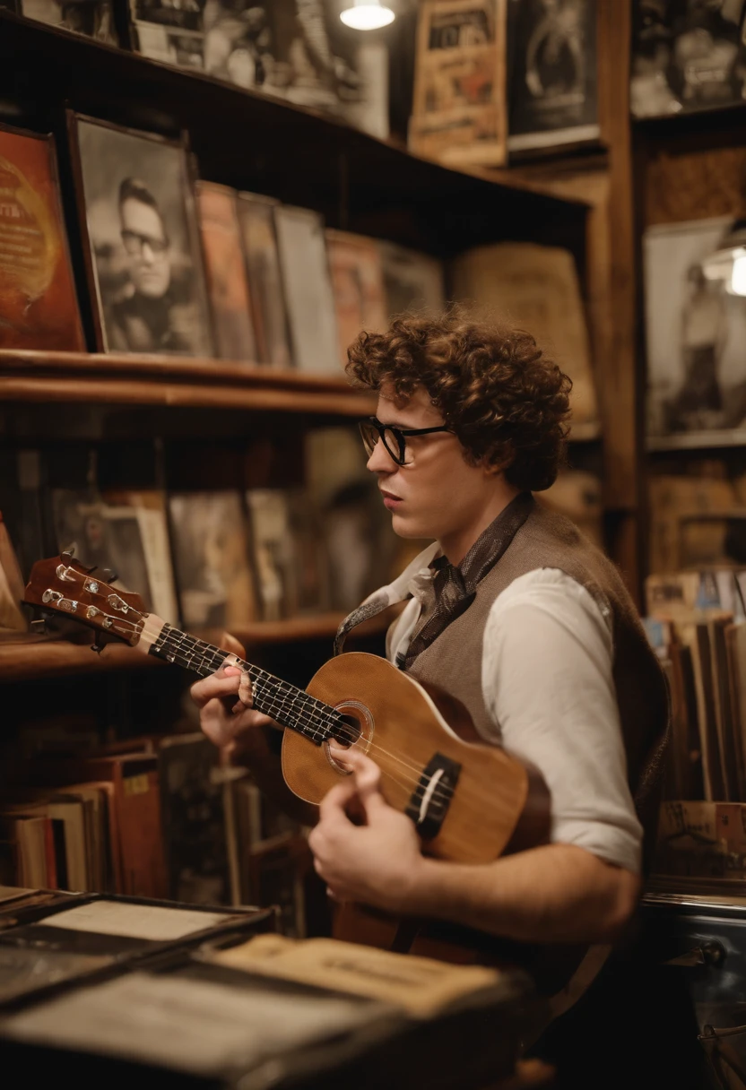 A charming shot of Greg playing the ukulele in a vintage record store,original,greg is 6 foot, white, short curly brown hair, round glasses, slightly narrow face. 7/10 handsome. Well put together.