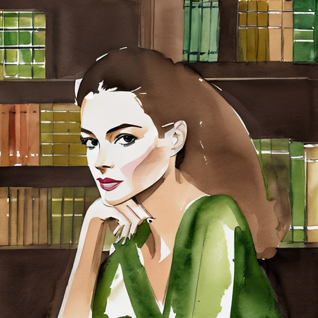 Blonde woman, brown t-shirt, green, library, David Downton watercolor fashion illustration, natural colors