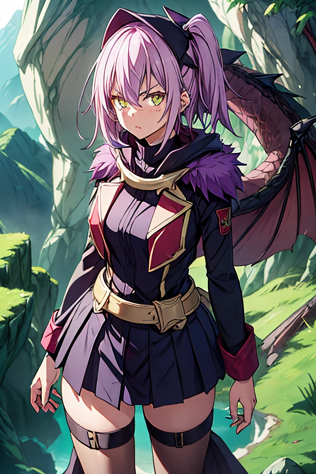 ((obra de arte))) Uma ****** bonita e fofa, medium length purple hair (amarrado em um rabo de cavalo lateral), (((Olhos dourados brilhantes))),((unhas roxas))), She wears a military uniform with a black skirt and an armband on her left arm. , ((scene of a giant dragon flying in the scenery)), Standing, barefoot, Serious expression, (((hiding hands