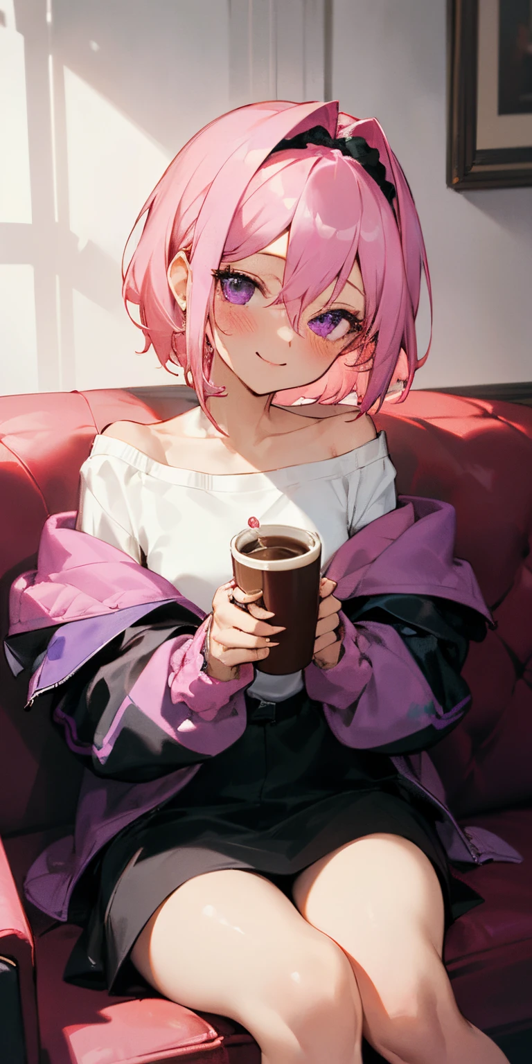 (masterpiece, best quality),1girl sitting in a couch ,1girl, jewelry, smile, looking at viewer, living room interior, solo,pink hair, purple eyes, holding a hot coffee cup, blush, short hair, white shirt, off shoulder, black jacket, hair between eyes, short sleeves, , wrist scrunchie,