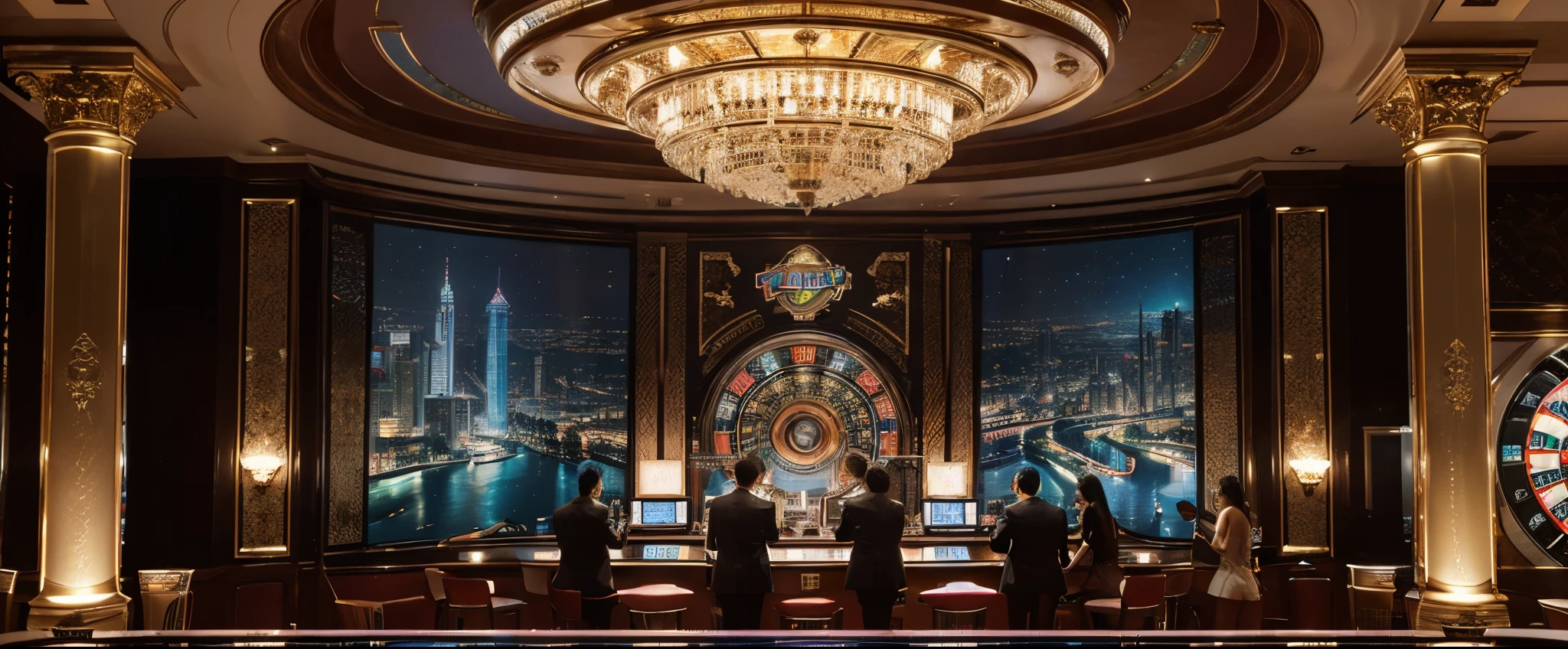 (Best Quality,4k,8K,high resolucion,Masterpiece:1.2),Ultra-detailed,realisitic,Photorealistic:1.37,Large gambling casino with colorful lighting,Richly decorated,shining chandelier,luxurious marble floor,Spacious gambling table with detailed deck of cards, professional poker chips, And an elegant roulette wheel,Towering slot machines with colorful screens and flashing lights,Attractive waitress serving drinks to players,Captivating live music from a jazz band,Crowd of excited gamblers wearing elegant suits and dresses,Exquisite glassware and bottles of champagne in the VIP lounge area,Impressive ceiling frescoes depicting scenes of triumph and fortune, An atmosphere full of overwhelming thrill and excitement,It perfectly captures the moment when the winner and loser contemplate their luck., Gravity-defying architecture and stunning glass exteriors, Breathtaking aerial views of the entire casino complex at night,Dynamic interaction of shadow and light, Create captivating visual spectacles,Natural light coming through large windows,Brighten up the scene with warm and attractive light.