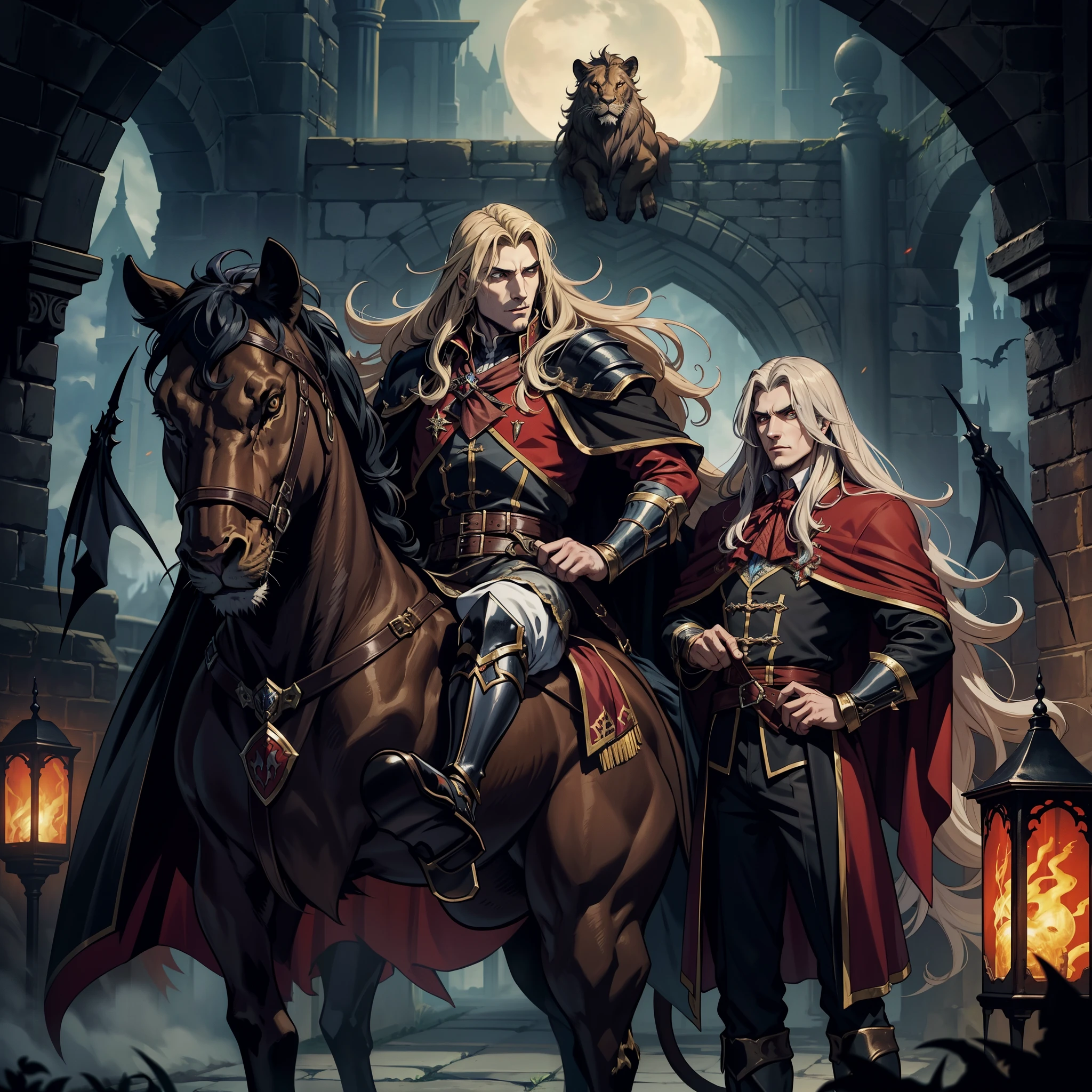 Lord Dracula Castlevania seigneurs de l’ombre chevauchant grand lion rugissant légendaire avec une armée de démons derrière lui hyper réaliste super détaillé