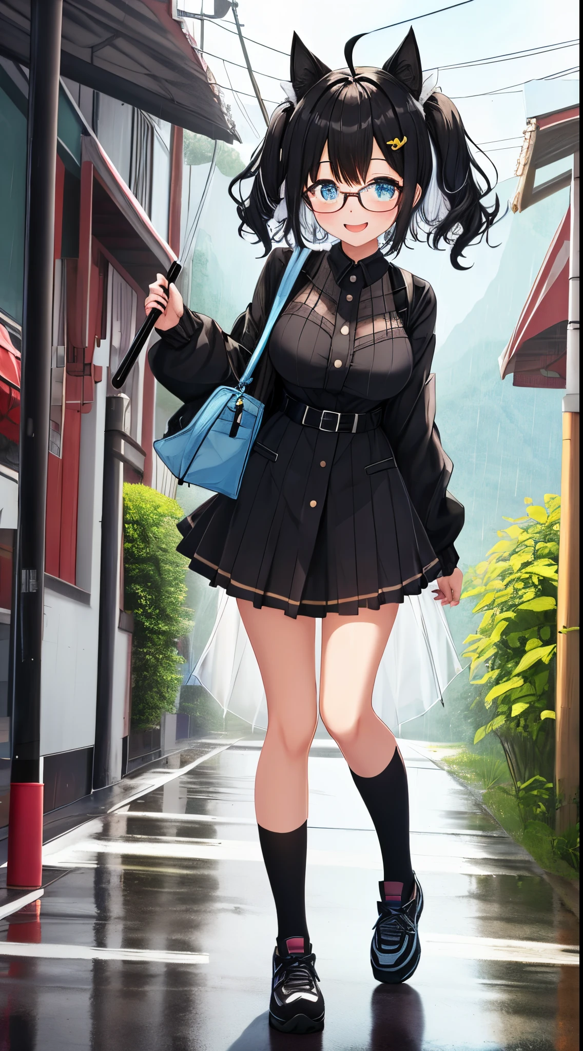 1girl in, Open mouth, Smile, Virtual Youtuber、girl with、((Best Quality, high_resolution, Distinct_image)),(Black hair), (Black cat ears), (Ahoge),((absurdly short hair)) ((Twin-tailed hair)), (Wavy Hair), (Blue eyes),、A smile、,(wearing shoes on feet)、((View Viewer))。((View of the valley))huge tit、bespectacled、Holding an umbrella、background raining。