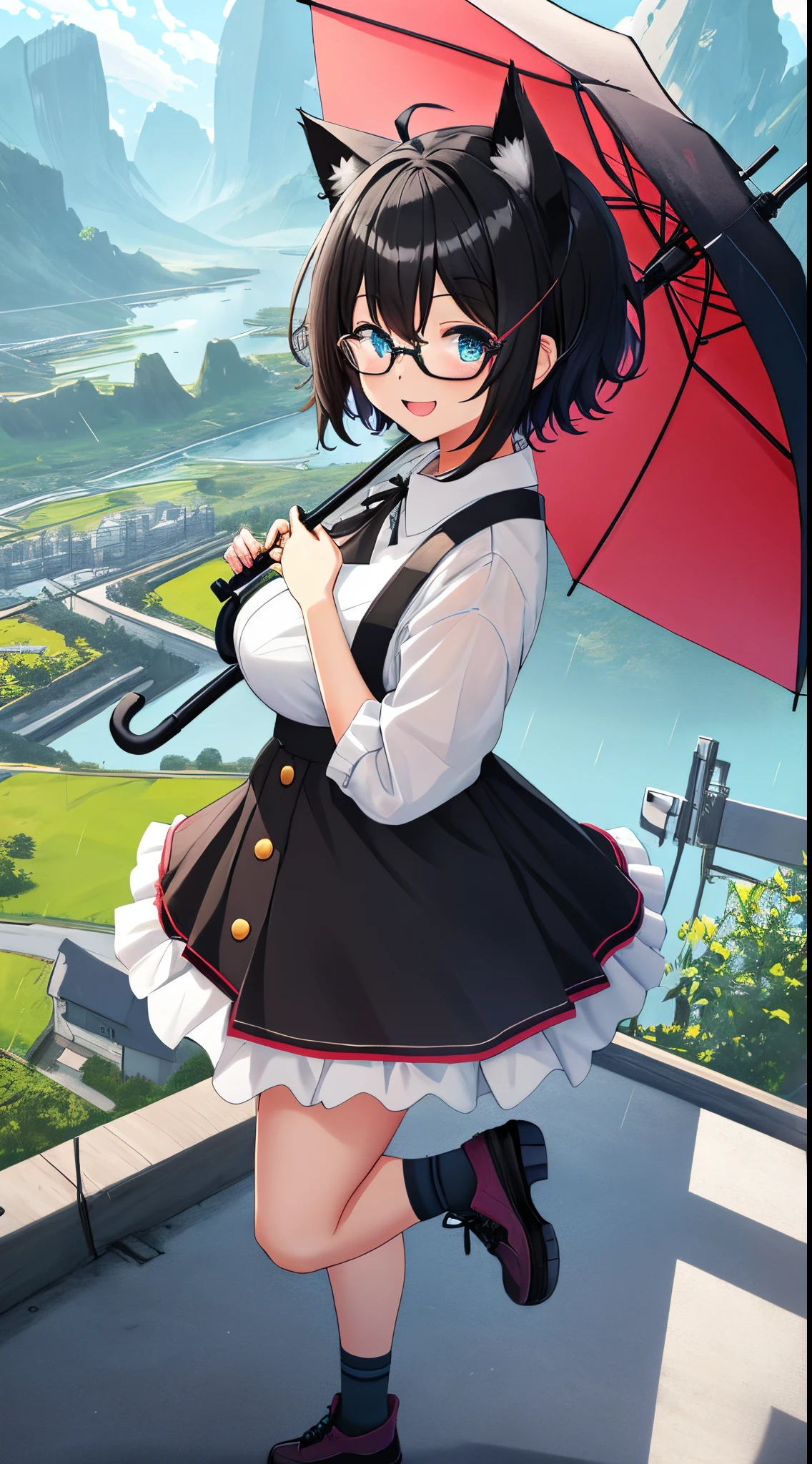 1girl in, Open mouth, Smile, Virtual Youtuber、girl with、((Best Quality, high_resolution, Distinct_image)),(Black hair), (Black cat ears), (Ahoge),((absurdly short hair)) ((Twin-tailed hair)), (Wavy Hair), (Blue eyes),、A smile、,(wearing shoes on feet)、((View Viewer))。((View of the valley))huge tit、bespectacled、Holding an umbrella、background raining。