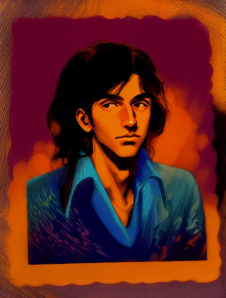 cropped photo of a young man with long hair and a sweater, imagem antiga, foto envelhecida, foto antiga, taken in the 1970s, fotografia antiga, foto muito antiga, old yearbook photo, taken in the late 1970s, em torno de 1 9 anos, 13 anos, tommy 1 6 anos de idade