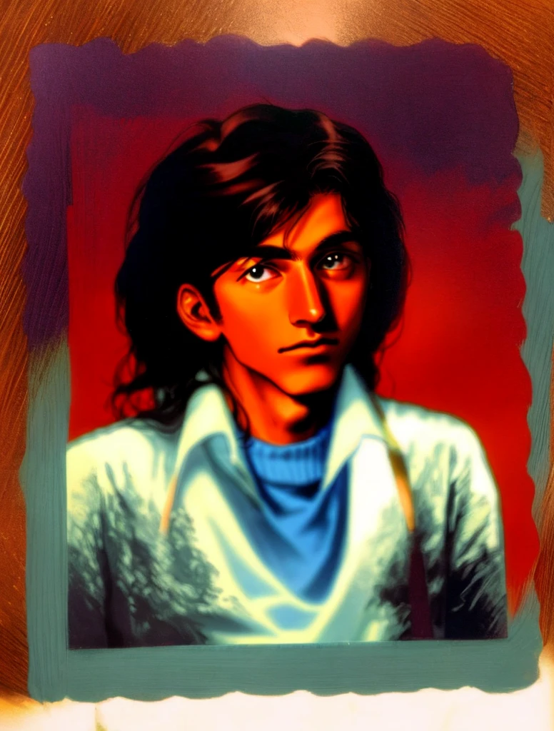 cropped photo of a young man with long hair and a sweater, imagem antiga, foto envelhecida, foto antiga, taken in the 1970s, fotografia antiga, foto muito antiga, old yearbook photo, taken in the late 1970s, em torno de 1 9 anos, 13 anos, tommy 1 6 anos de idade