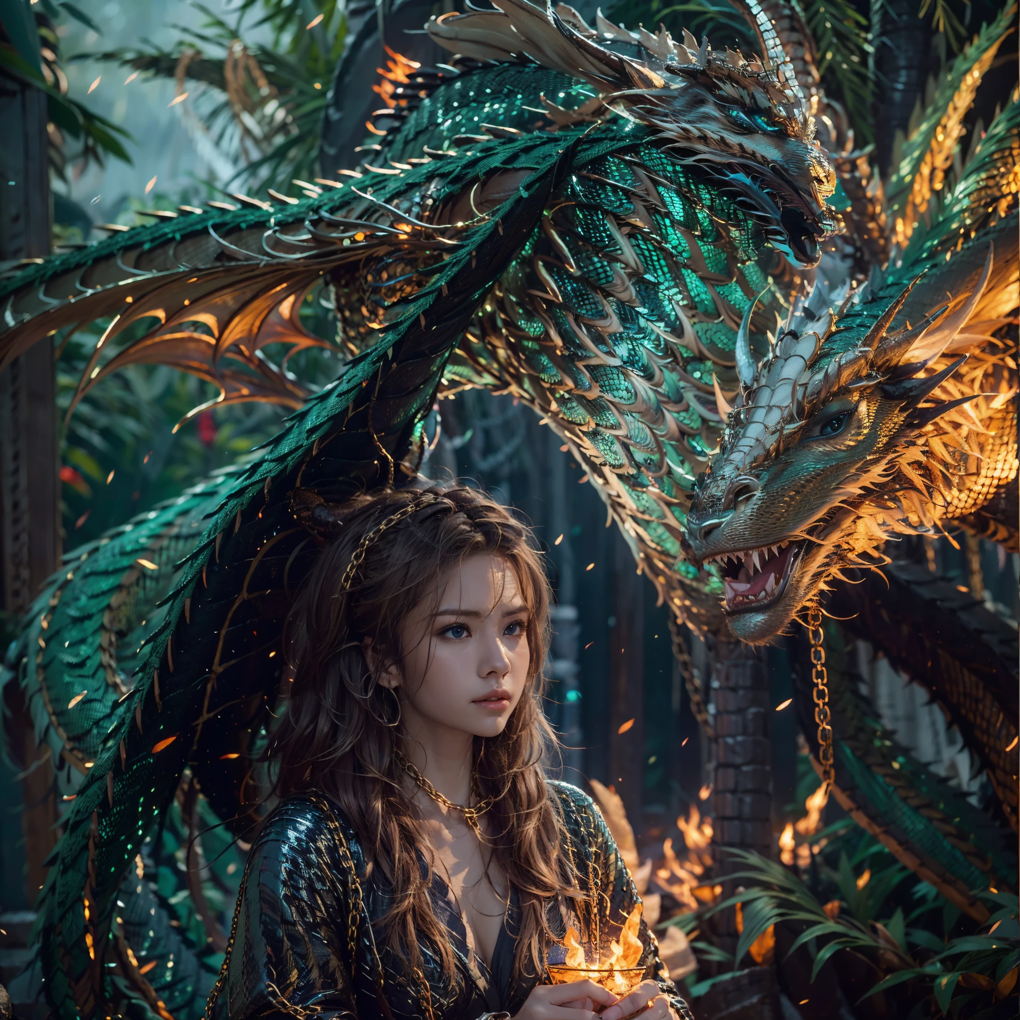 Beautiful girl with a green dragon, ((Girl in a long robe)), (Wearing chain mail: 1.4), (Long cloth pants: 1.2), (chain mail with dragon scale patterns), perfect facial features, Delicate face, long hair, graceful , wisdom, Bravery, Rainbow dragon, scales, horns, Flame, wings, Dragon claws, Dragon protects the girl, Ancient forest background, Mysterious connection, protection, Trust, realistic quality, realism, 8K, best quality, masterpiece, cinematic quality, High chiaroscuro, octane rendering