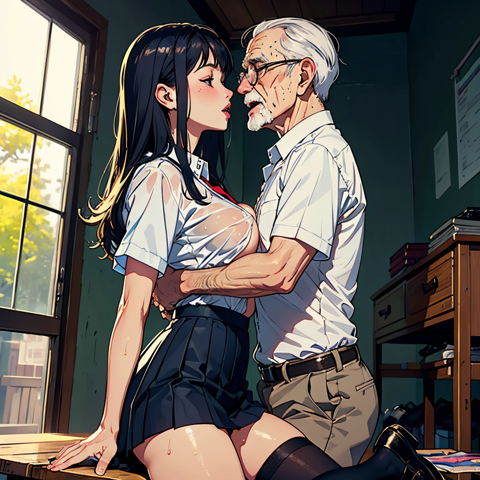 NSFW, (Masterpiece, Best quality, photograph realistic:1.4), (Shiny skin), (hyper HD, 8K wallpaper, high resolution), Perfect anatomy, obscene tongue kiss, Old man, pervert old man, Having sex, cock inside pussy is very visible, penetrating pussy, cum in pussy, lovely face, Cinematic lighting, Physically-based rendering, Award-winning, Extremely detailed skin, extra detailed face, Eyes with beautiful details, Carl Zeiss 85 mm F/1.4, Break, (((1man 1girl, Having sex:1.3))), (upright straddle, Face to face:1.5), On the floor, Break, Very cute 16 year old schoolgirl, (long hair and bangs), big breasts, blonde hair, (Wet white school shirt unbuttoned, Navy pleated skirt lift, black knee high socks, Loafer shoes:1.3), (1girll: nase, Blush mischievously, Drooling, Almost closed his eyes:1.1), (1人: A handsome (old man), Wearing a recruit uniform and (He grabbed the girl's breasts) Without expression:1.3), Break, (In the midnight classroom, Moonlight), Look straight ahead, View from below, tongue kiss, natural pose,