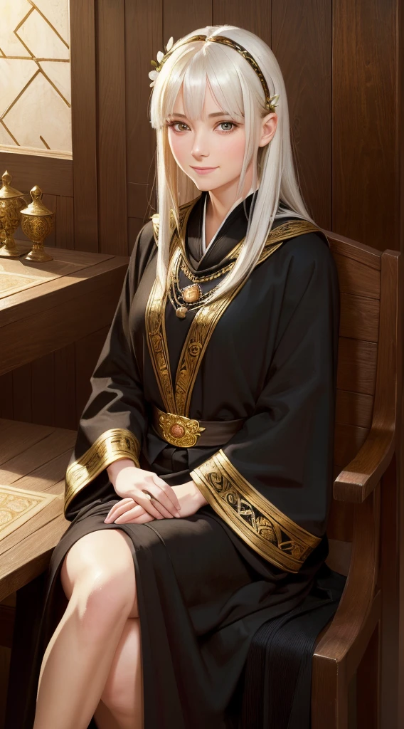 (highres,masterpiece:1.2),(close-up:1.1),portrait, ultra-detailed, character portrait from DND table top RPG, solo, female focus, young woman, fully clothed, traveler, dark leaf colored eyes, beautiful detailed lips, welcoming smiling, extremely detailed eyes and face, girl with loose medium length straight white hair with bangs, jewel hair clip with little white flowers on one side of the head, porcelain skin tone, slender chest, hands at rest, girl wearing black robes and a long black coat, girl wearing traditional black egyptian styled clothes with intricate gold lines, (realistic,photorealistic,photo-realistic:1.37), sand desert background