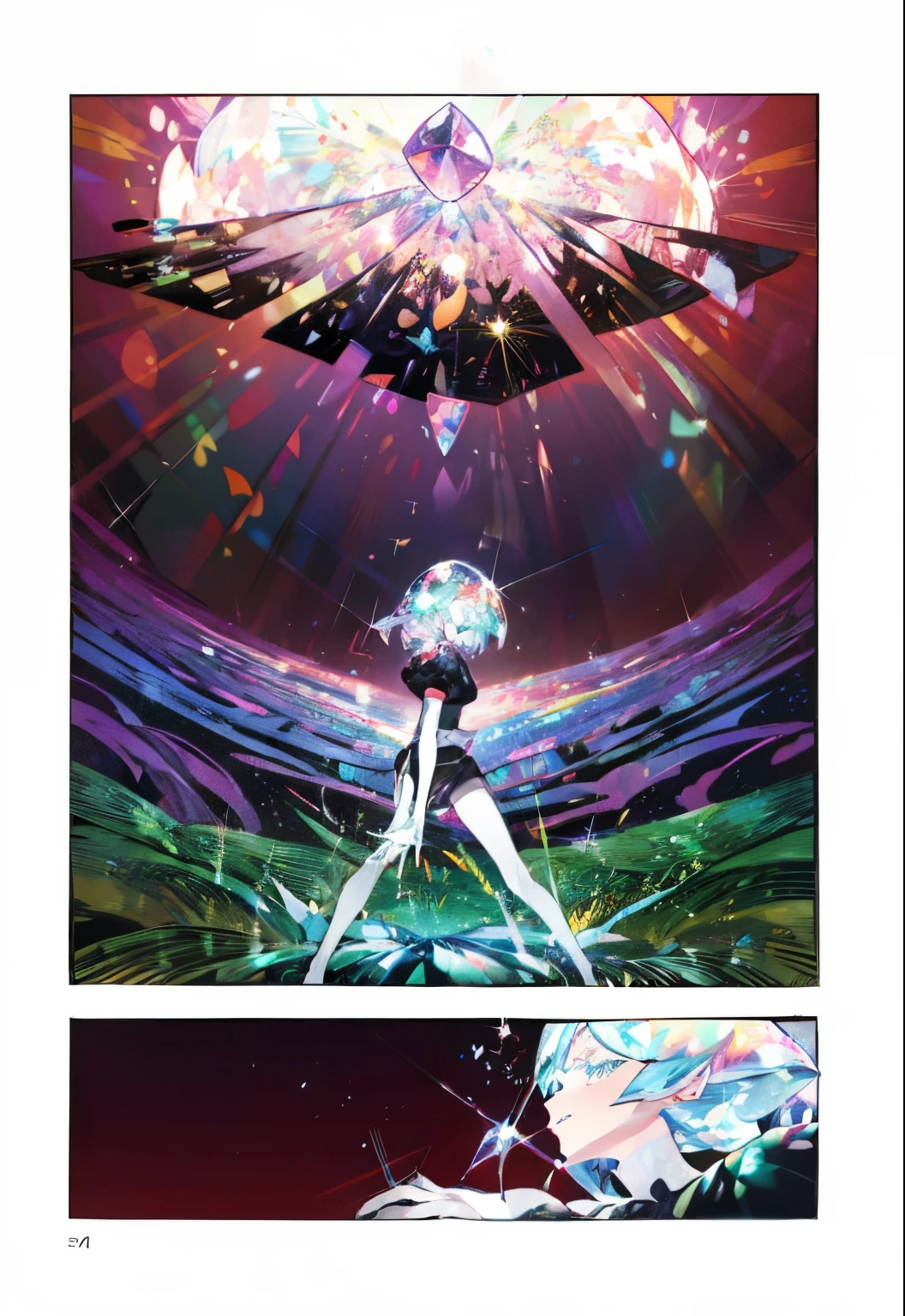 comic book featuring a girl with diamond hair, Manga page, Color manga, anime land of the lustrous, Psychedelic manga, Color manga panel, Color comic strip, Comicbook page, comic style, Color scan of the manga, Very dramatic, white haired deity, Manga color art, Gems, ((radiance, Lots of light)), sparkle of a gem, (( in the style of Ichikawa Haruko)), Stylish deity, Houseki no kuni, The Land of Gems, Diamond from the Land of Gems, ((tmasterpiece)), (((beste-Qualit))), ((ultradetailed)), ((illustartion)), (red background, Black clouds), Simple background, green grass, blue sea, fisheye effect, illustartion, A kind look, Cute look, wide eyes, Lush eyelashes, side glance, Crystal hair, Glowing Hair, Additional lighting, sparkle, ((Anime clothing "Land of Glitter")), shirt with collar, uniform, tie, puffy short sleeves, Shorts, Smile, puffy short sleeves, Puffy armbands, Shirt, short sleeve, rainbow reflection, mineral hair, mineral life forms, white stockings, white gloves, holds a sword, Rainbow Light, stands with his back to the frame, in the side
