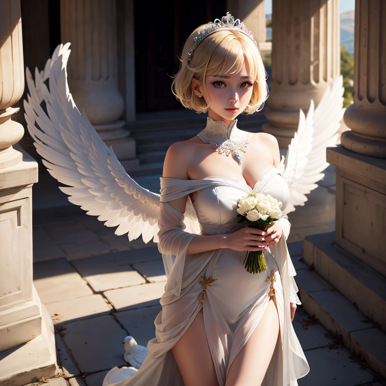 under big full moon、Greek temples、White pigeons fly、8K、realphoto、超A high resolution, Master Parts, Best Quality, nffsw , cinematic images,Lovely girl、ann、18year old、Anglo-Saxon、二重まぶた、drooing eyes、eye shadow、 ighly detailed , a blond、Straight short hair、 Sweet look ,thin lipss , Very clear shadows , jewely , ssmile , A detailed eye, very intricate, shiny skins , Perfect Brilliant, Perfect Lighting, Dramatic shadows ,White tiara on head、Greek see-through white dress、White angel wings feathers from shoulders