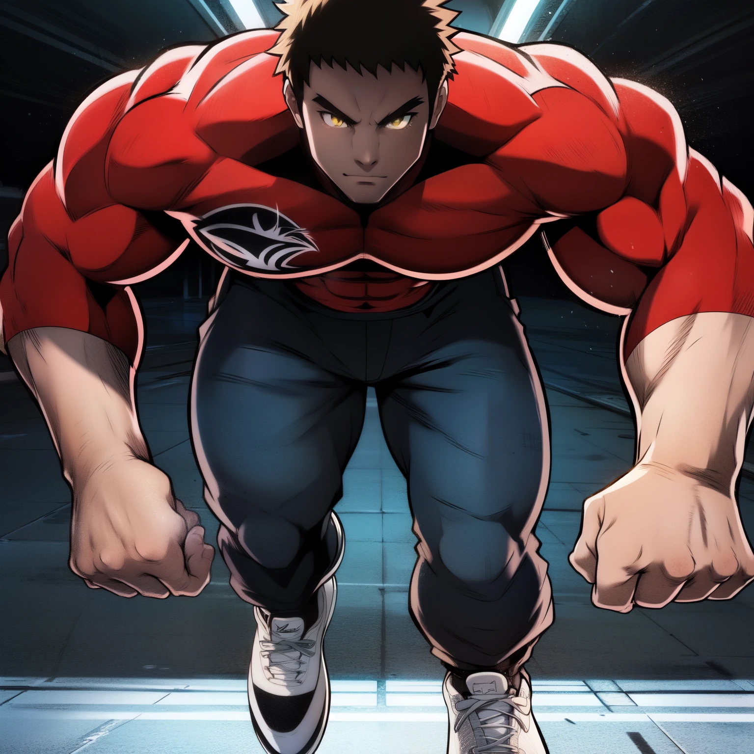 Anime style art, anime style drawing, front image, full body, muscular male character, protagonist, yellow eyes, short hair, hair with spikes, short green  hair, muscular character, wearing torn shirt, black sleeves, wearing gray pants, wearing white sneakers. Full body image, frontal image, protagonist character, heroic character, intimidating posture, muscular character, bodybuilder body, frontal image, full body image, Just a persaongem, muscular character!!