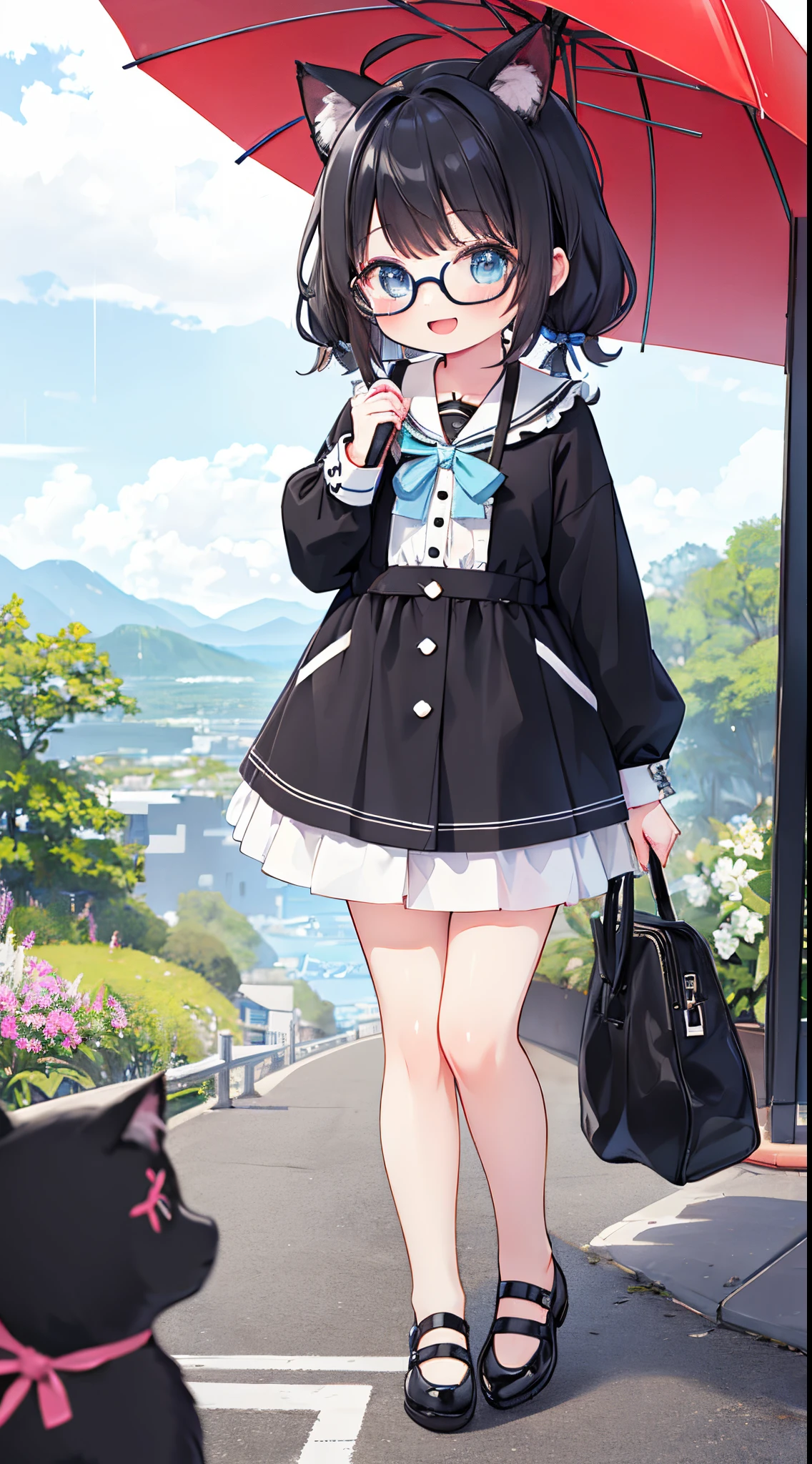1girl in, Open mouth, Smile, Virtual Youtuber、girl with、((Best Quality, high_resolution, Distinct_image)),(Black hair), (Black cat ears), (Ahoge),((absurdly short hair)) ((Twin-tailed hair)), (Wavy Hair), (Blue eyes),、A smile、,(wearing shoes on feet)、((View Viewer))。((View of the valley))huge tit、bespectacled、Holding an umbrella、background raining。
