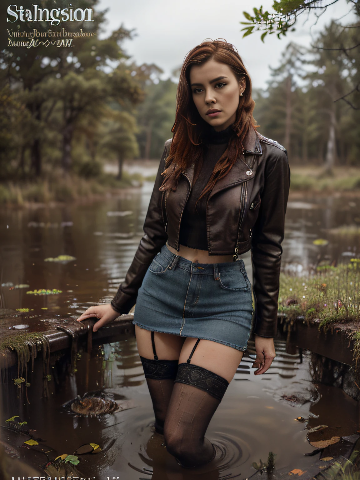 (magazine cover,  Attention-grabbing, heading, stylish, font, memorable, heading, big, Sensation), Hyper-realistic, ultradetailed, tmasterpiece. (Gloomy Forest:1.2), An old woman, standingn, (drowning in a bog:1.2). jeans skirt, (lace stockings:1.2), leather jacket, blouse, short coppery red hair, gloomy ecstasy, dry humping:1.3