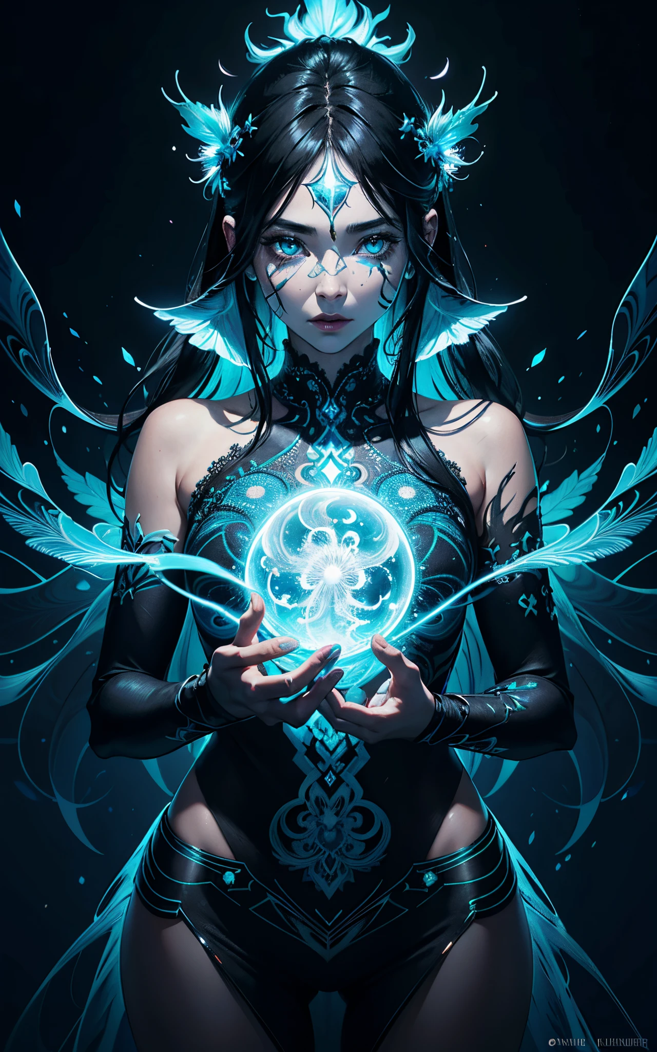 ultra-detailed artistic abstract beautiful indigenous woman with long black hair, magic with bioluminescent filigree, geometric photography, 32k fashion abstract poster, detailed symmetrical blue iris, natural body posture by artist russ mills, art by alberto seveso, by Carne Griffiths, by Wadim Kashin, symmetrical, abstract art style, sharp eyes, digital painting, burst of color, concept art , volumetric lighting, by GIlSam-paio octane rendering depicting innovation and truth, 8k, by Lee Jeffries, Alessio Albi, Adrian Kuipers, glamour, intricate detailed environment, lace, smudges , dark background, masterpiece, ornate, depth - studio Gs perfecty.