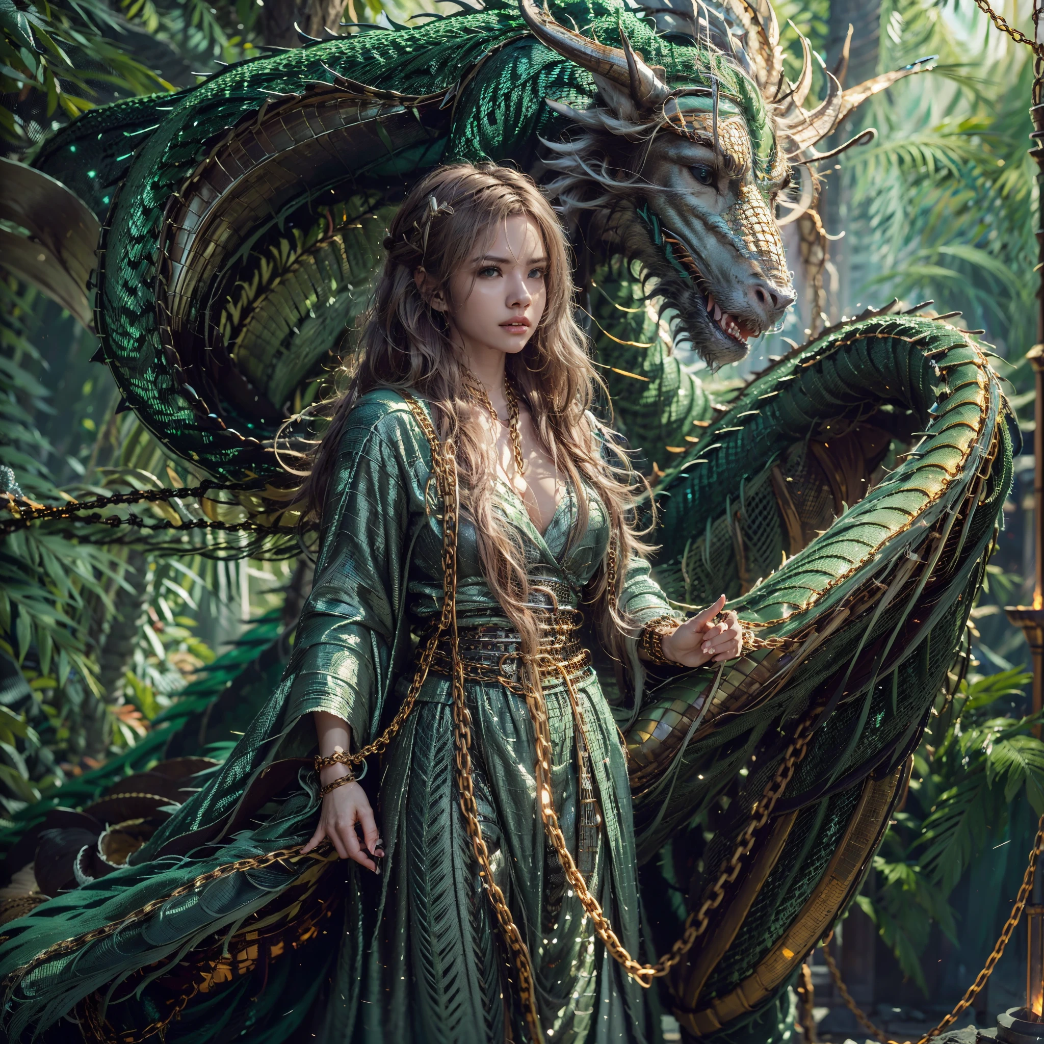 Beautiful girl with a green dragon, ((Girl in a long robe)), (Wearing chain mail: 1.4), (Long cloth pants: 1.2), (chain mail with dragon scale patterns), perfect facial features, Delicate face, long hair, graceful , wisdom, Bravery, Rainbow dragon, scales, horns, Flame, wings, Dragon claws, Dragon protects the girl, Ancient forest background, Mysterious connection, protection, Trust, realistic quality, realism, 8K, best quality, masterpiece, cinematic quality, High chiaroscuro, octane rendering